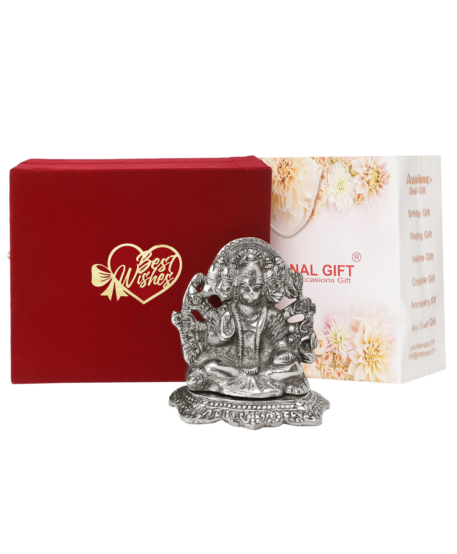International Gift Silver Plated Panchmukhi Hanuman God Idol in Best Wishes Tag Velvet Box-picture-10