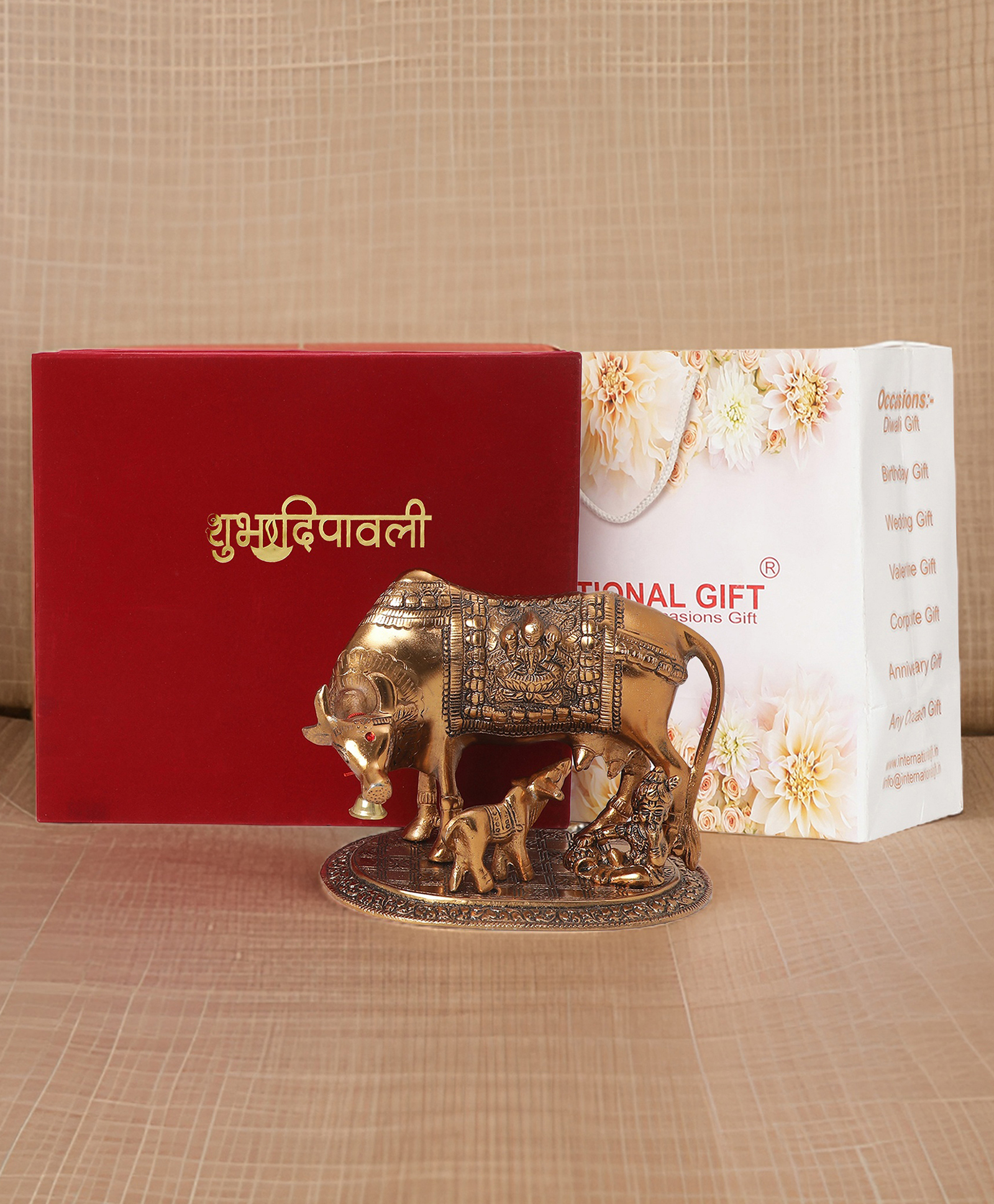 International Gift Copper Plated Kamdhenu Cow & Balkrishna Idol in Happy Diwali Tag Velvet Box-image-1
