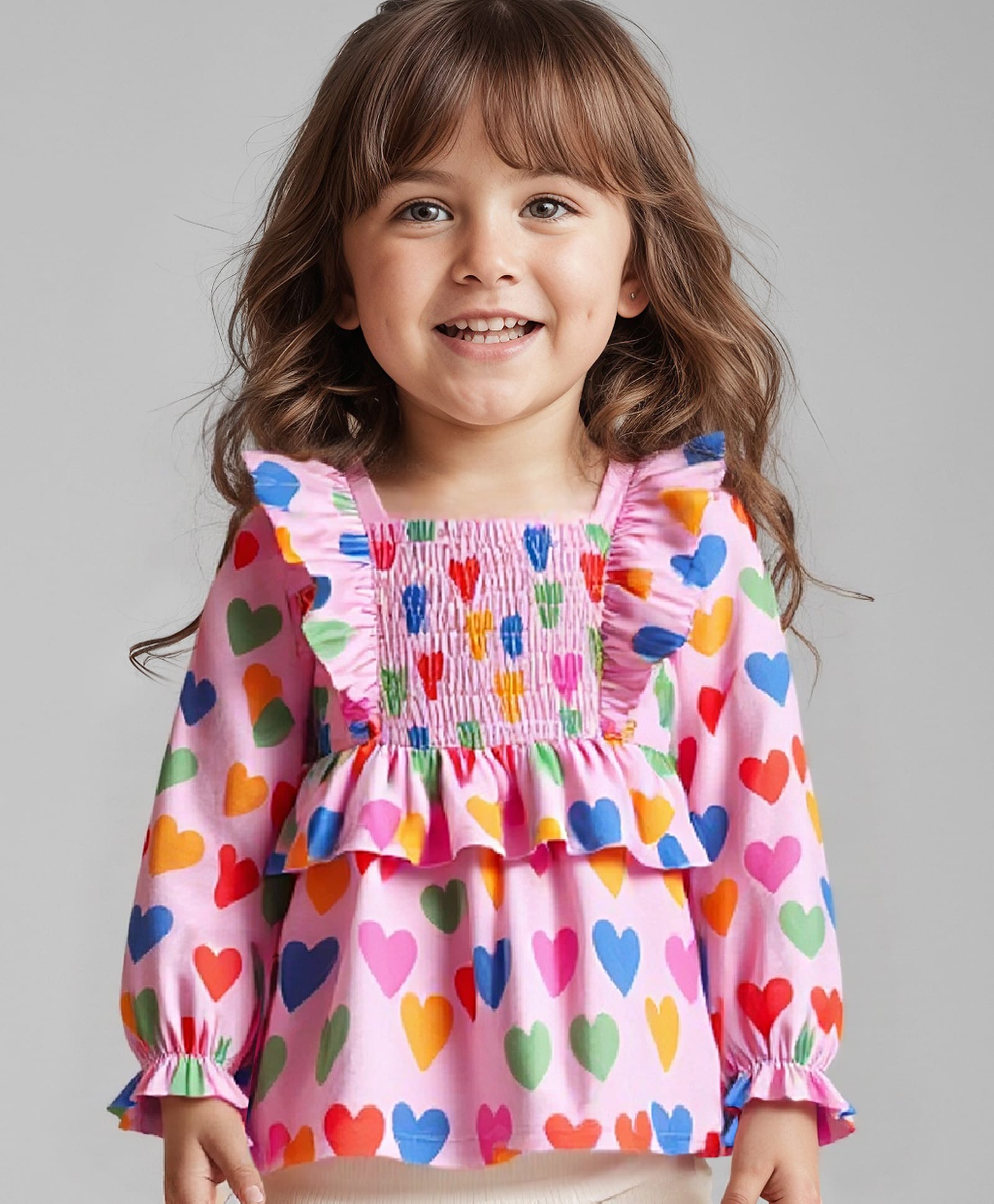 Babyhug Rayon Woven Full Peasant Sleeves Heart Printed Top with Frill Detailing - Pink Red & Blue-image-42