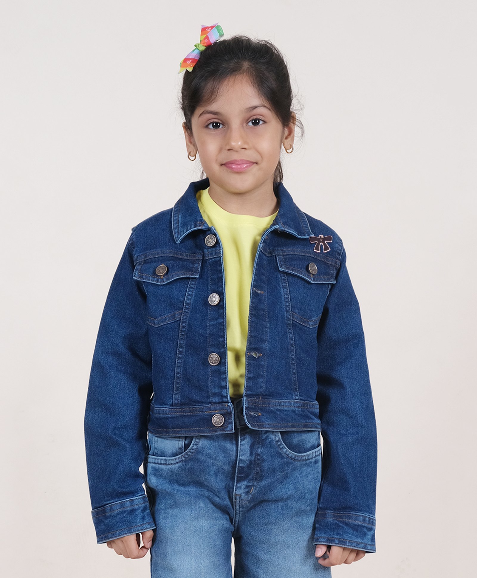 Kiddopanti Full Sleeves Back Peacock Patch Detailed Crop Denim Jacket - Dark Blue-image-3