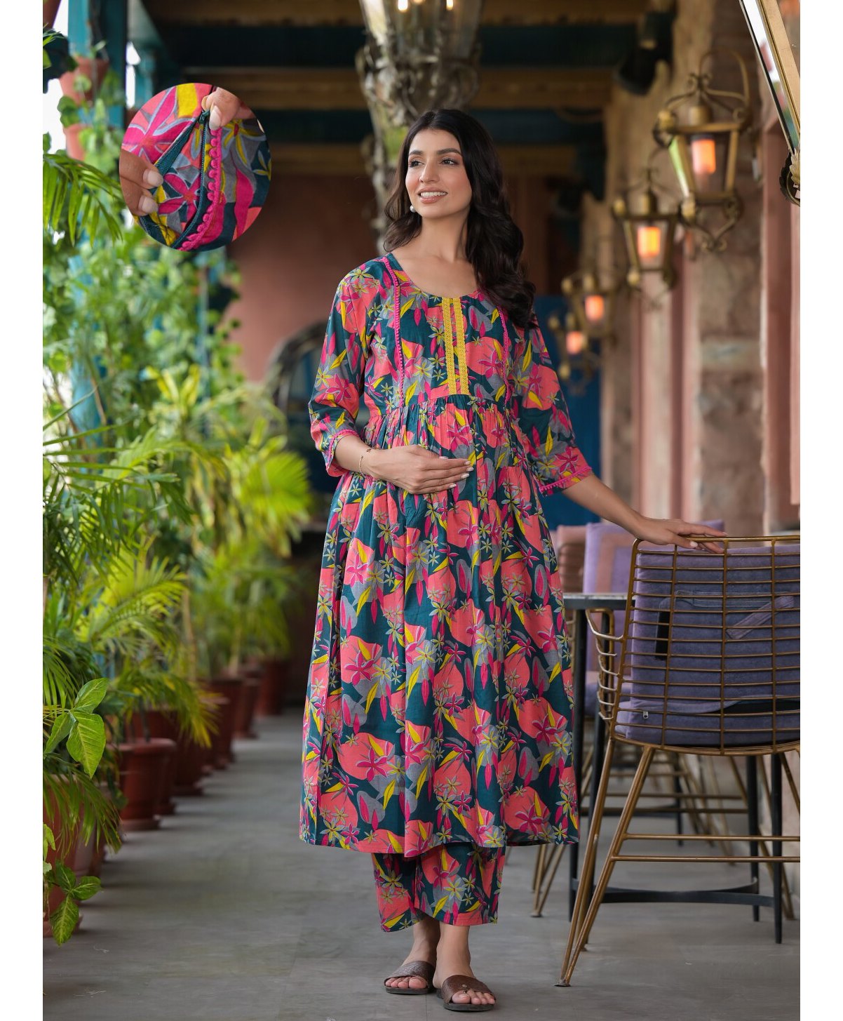 Aujjessa Cotton Three Fourth Sleeves Floral Printed & Lace Embellished Maternity Kurta Set with Concealed Zipper Nursing Access  Melange Pink