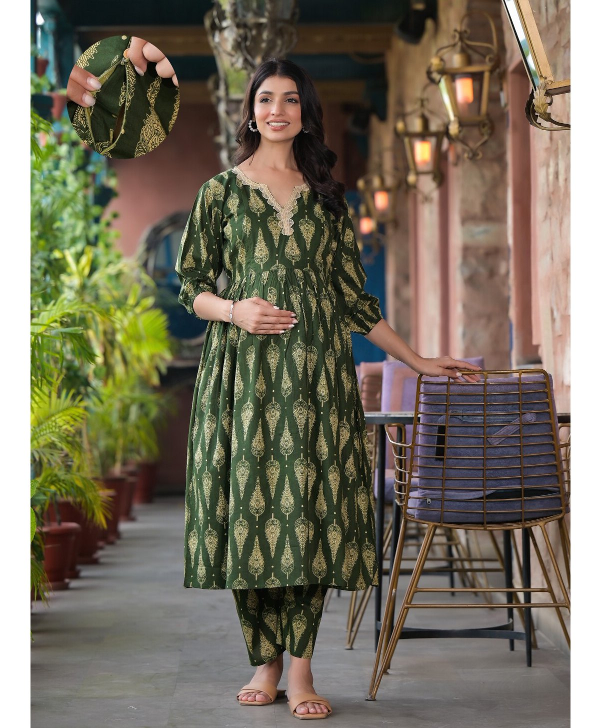 Aujjessa Cotton Three Fourth Sleeves Ethnic Motifs Printed & Lace Embellished Maternity Kurta Set with Concealed Zipper Nursing Access Bottle Green