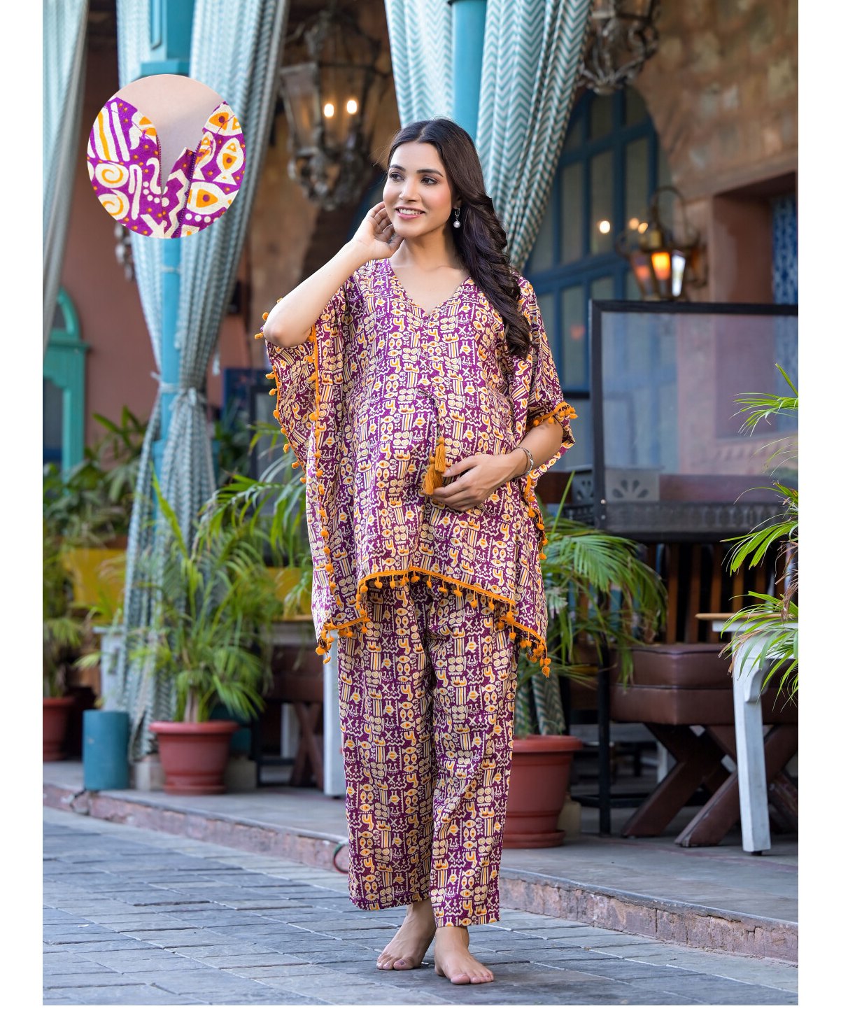 Aujjessa Cotton Batwing Sleeves Ethnic Printed & Lace Embellished Maternity Feeding Night Suit with Concealed Zipper Nursing AccessPurple Mustard-image-1