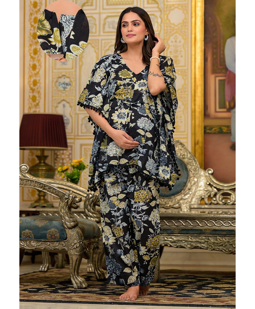 Aujjessa Cotton Batwing Sleeves Floral Printed & Lace Embellished Maternity Feeding Night Suit with Concealed Zipper Nursing Access  Black-image-27