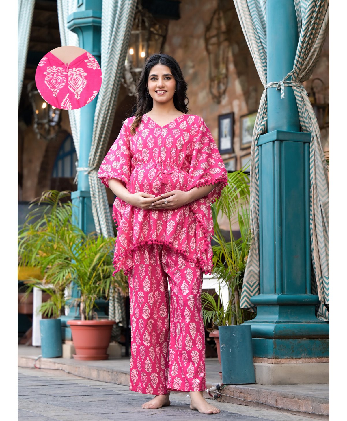 Aujjessa Cotton Batwing Sleeves Ethnic Printed & Lace Embellished Maternity Feeding Night Suit with Concealed Zipper Nursing Access  Fuchsia-image-23