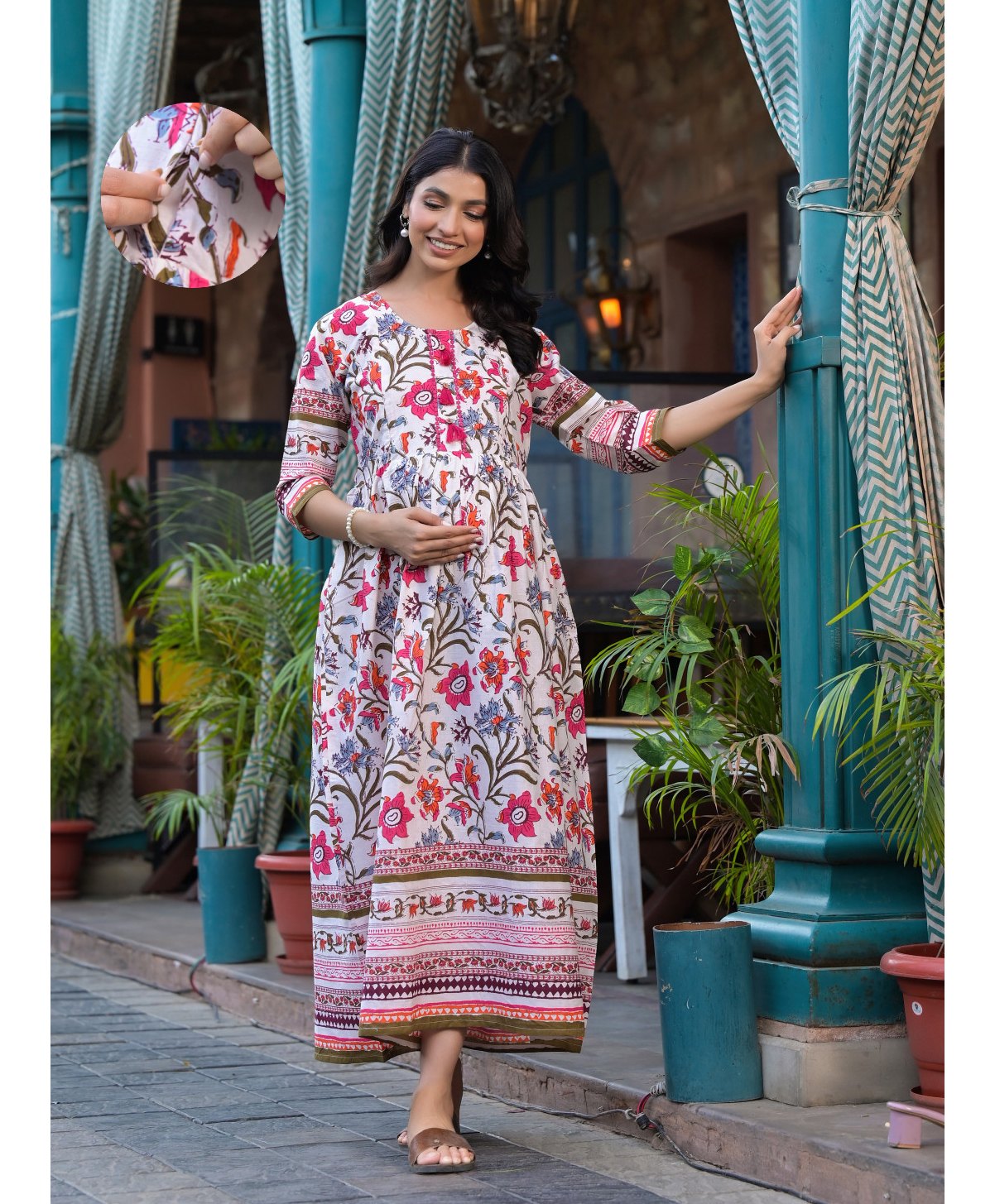 Aujjessa Cotton Three Quarter Sleeves Floral Printed Maternity Feeding Dress with Concealed Zipper Nursing Access  Cream Multi-image-37