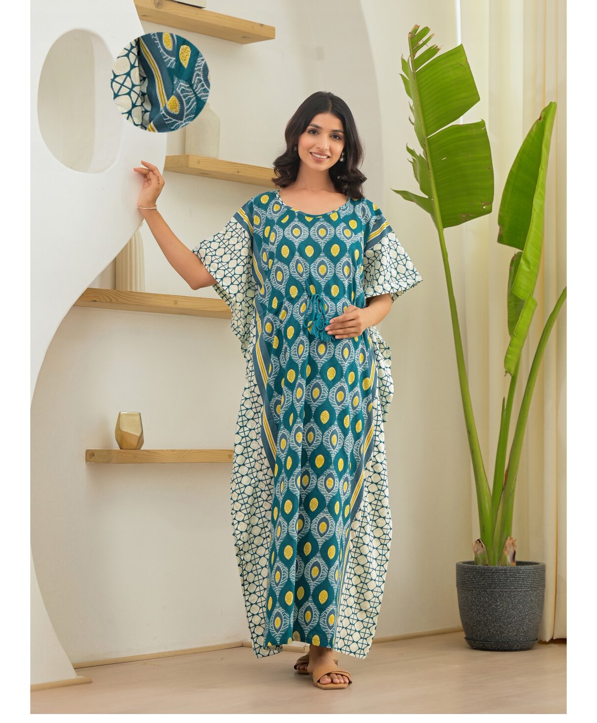 Aujjessa Cotton Batwing Sleeves Geometric Printed Maternity Kaftan with Concealed Zipper Nursing Access  Teal White-image-14