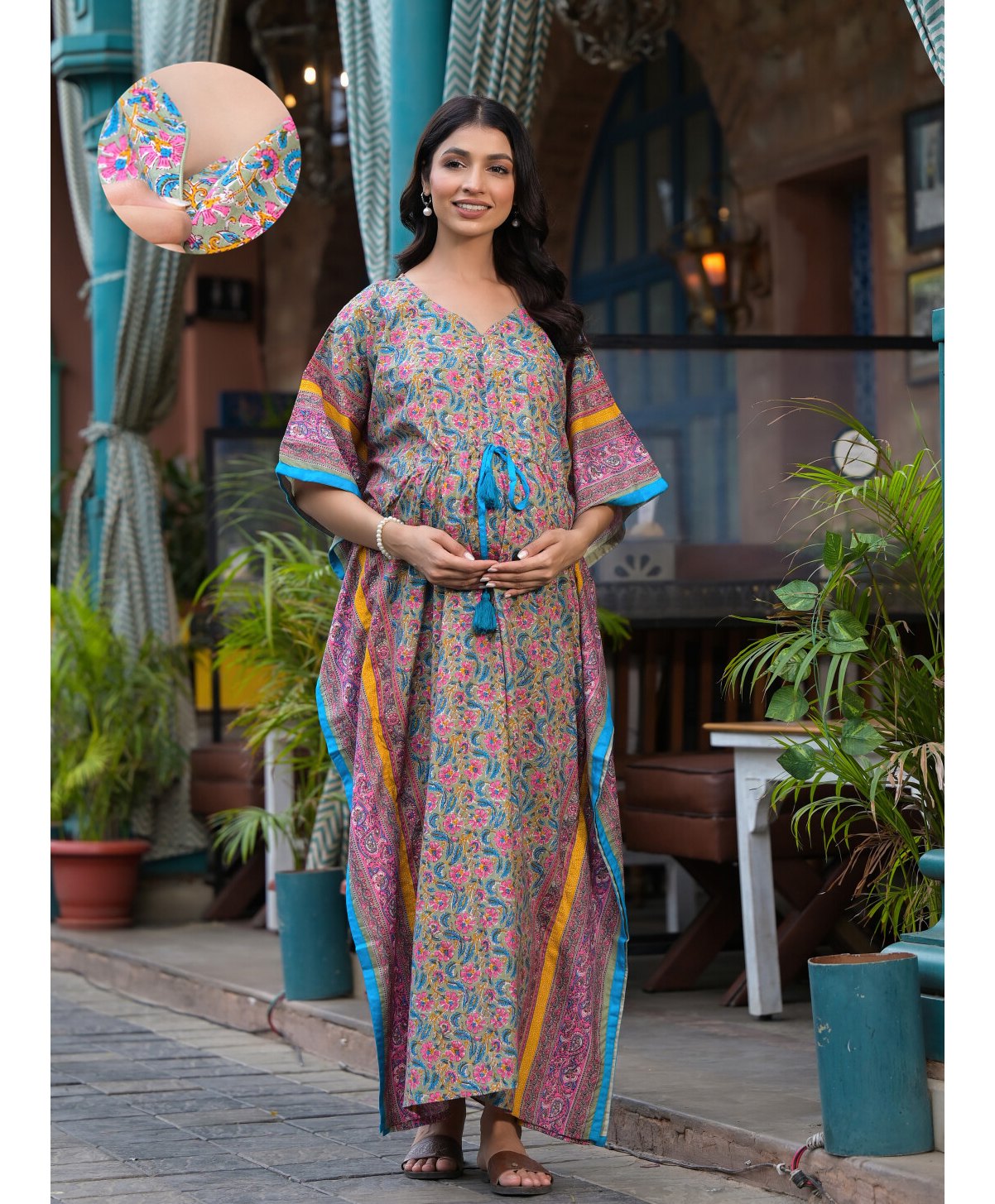 Aujjessa Cotton Batwing Sleeves Floral Printed Maternity Kaftan With Concealed Zipper Nursing Access - Olive Green & Multi Colour-image-32