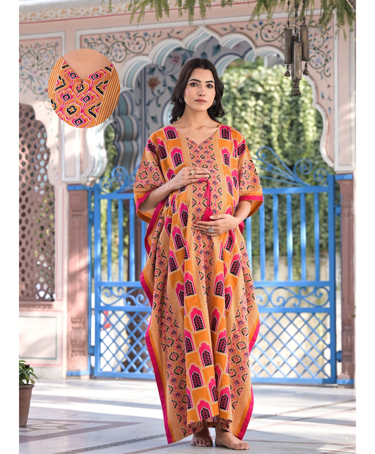 Aujjessa Cotton Batwing Sleeves Ethnic Printed Maternity Kaftan With Concealed Zipper Nursing Access - Rust &  Multi Colour-image-3