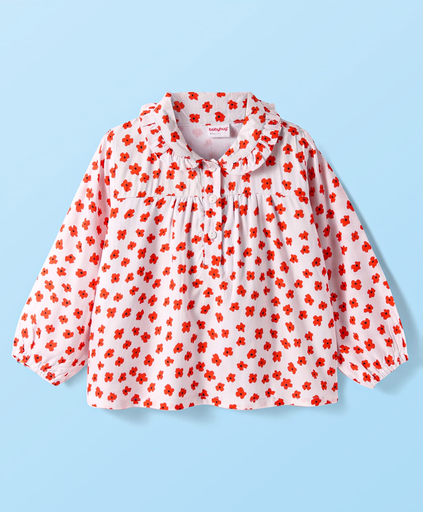 Babyhug Rayon Woven Full Sleeves Top With Floral Print & Peter Pan Collar - White & Red-picture-23
