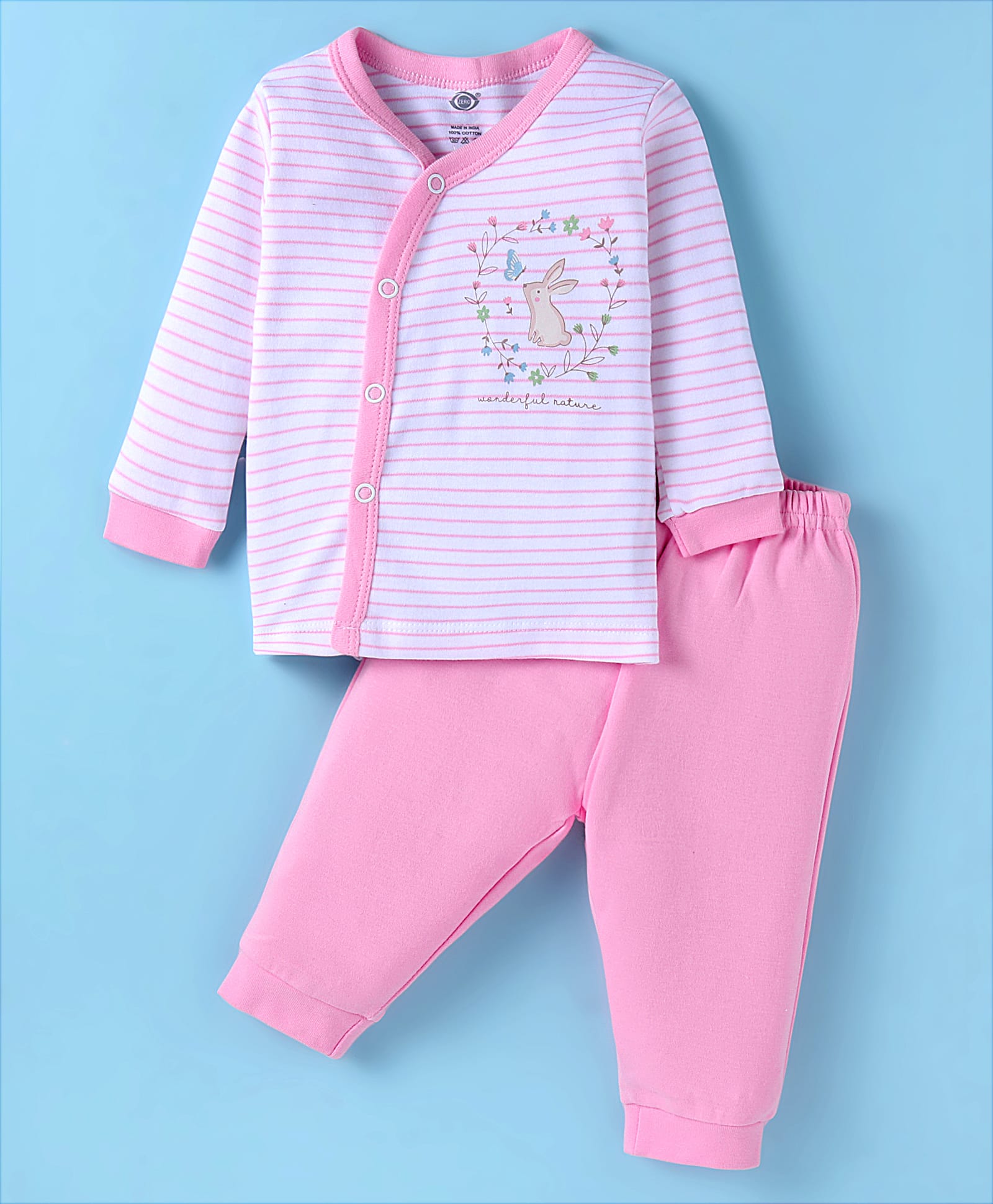 Zero Interlock Knit Full Sleeves Front Open Night Suit With Stripes & Bunny Print - Light Pink-picture-30