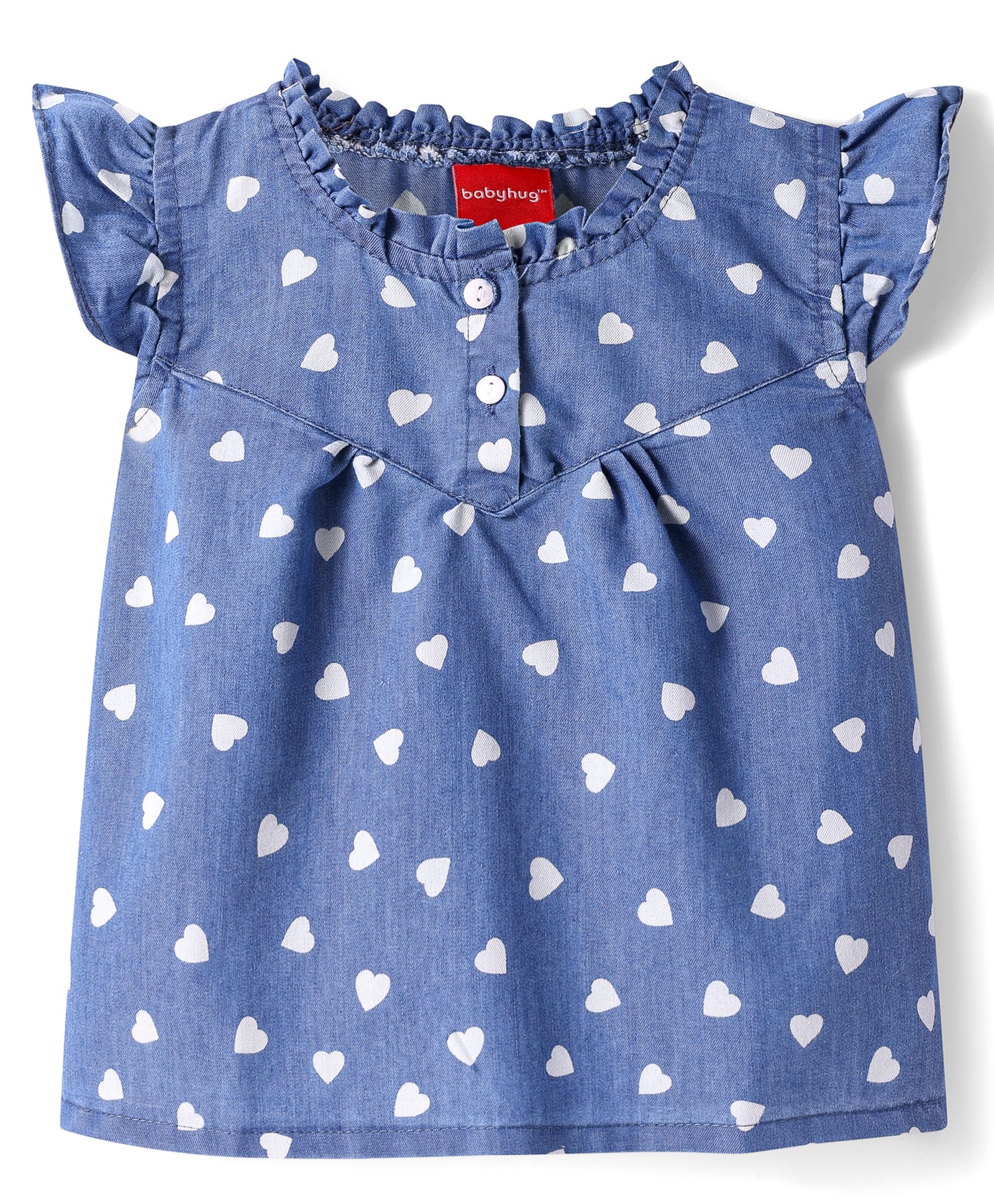 Babyhug Woven Frill Sleeves Top With Heart Print & Frill Detailing - Blue-image-0