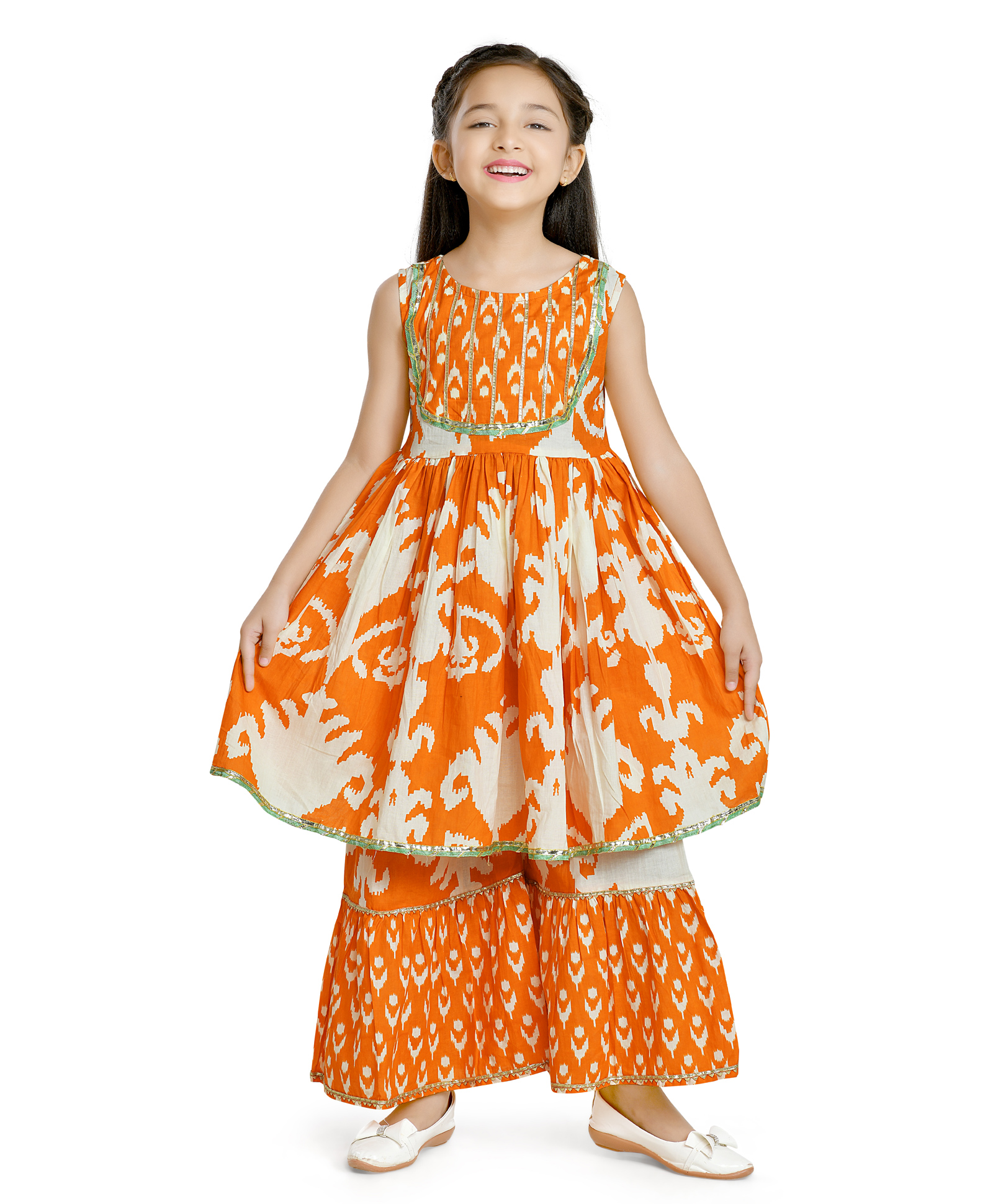 Teentaare Cotton Woven Sleeveless Kurta & Gharara Set with Aztec Print & Lace Detailing At Yoke - Orange-image-26
