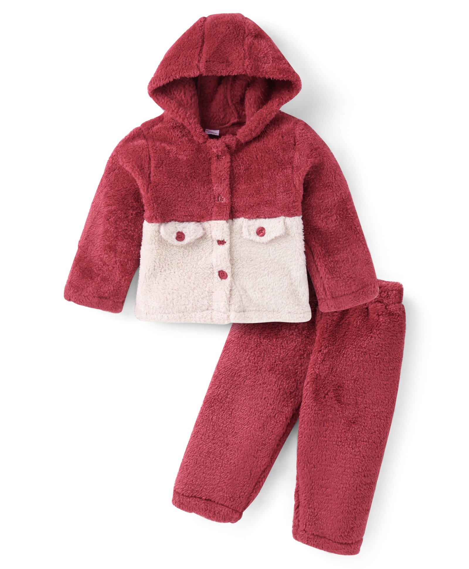 Babyhug Fur Woven Full Sleeves Hooded Front Open Winter Wear Suit - Wine & White-image-26