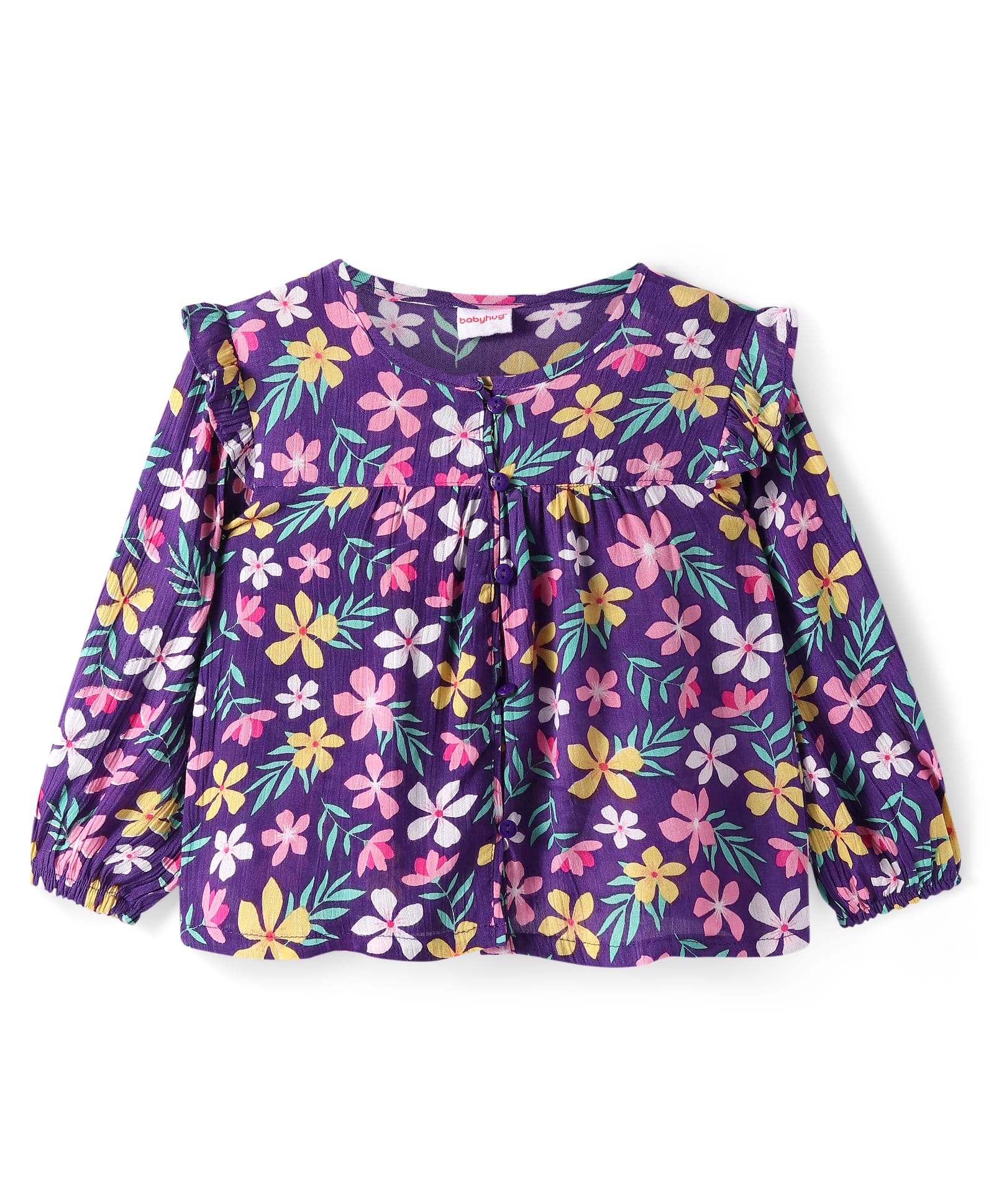Babyhug Rayon Woven Full Sleeves Top With Floral Print & Frill Detailing - Purple-picture-10