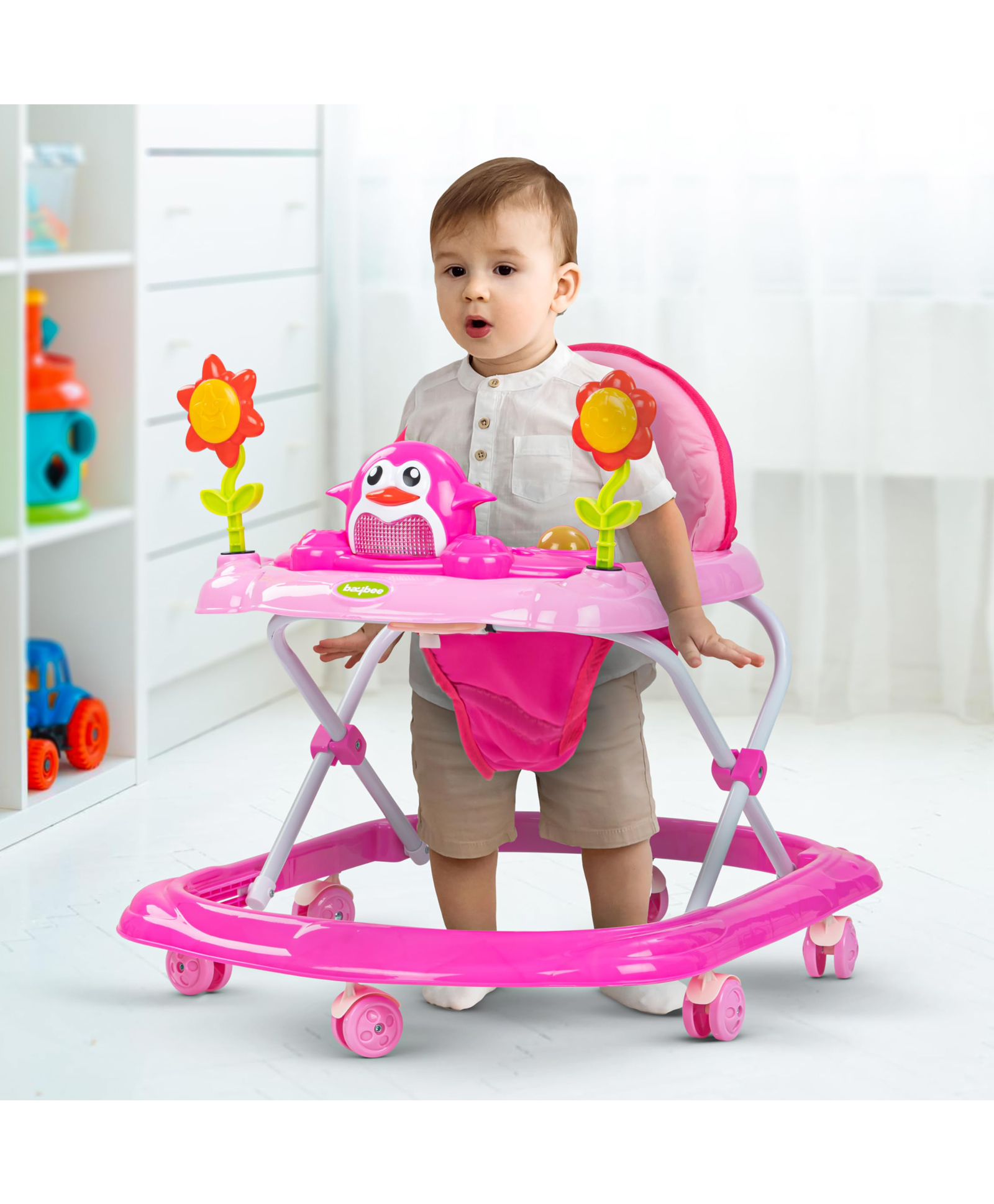 Baybee Whiz Baby Walker for Kids with 2 Height Adjustable & Tray | Anti-Rollover Foldable Activity Walker for Baby with Musical Toy Bar (Pink)-image-8