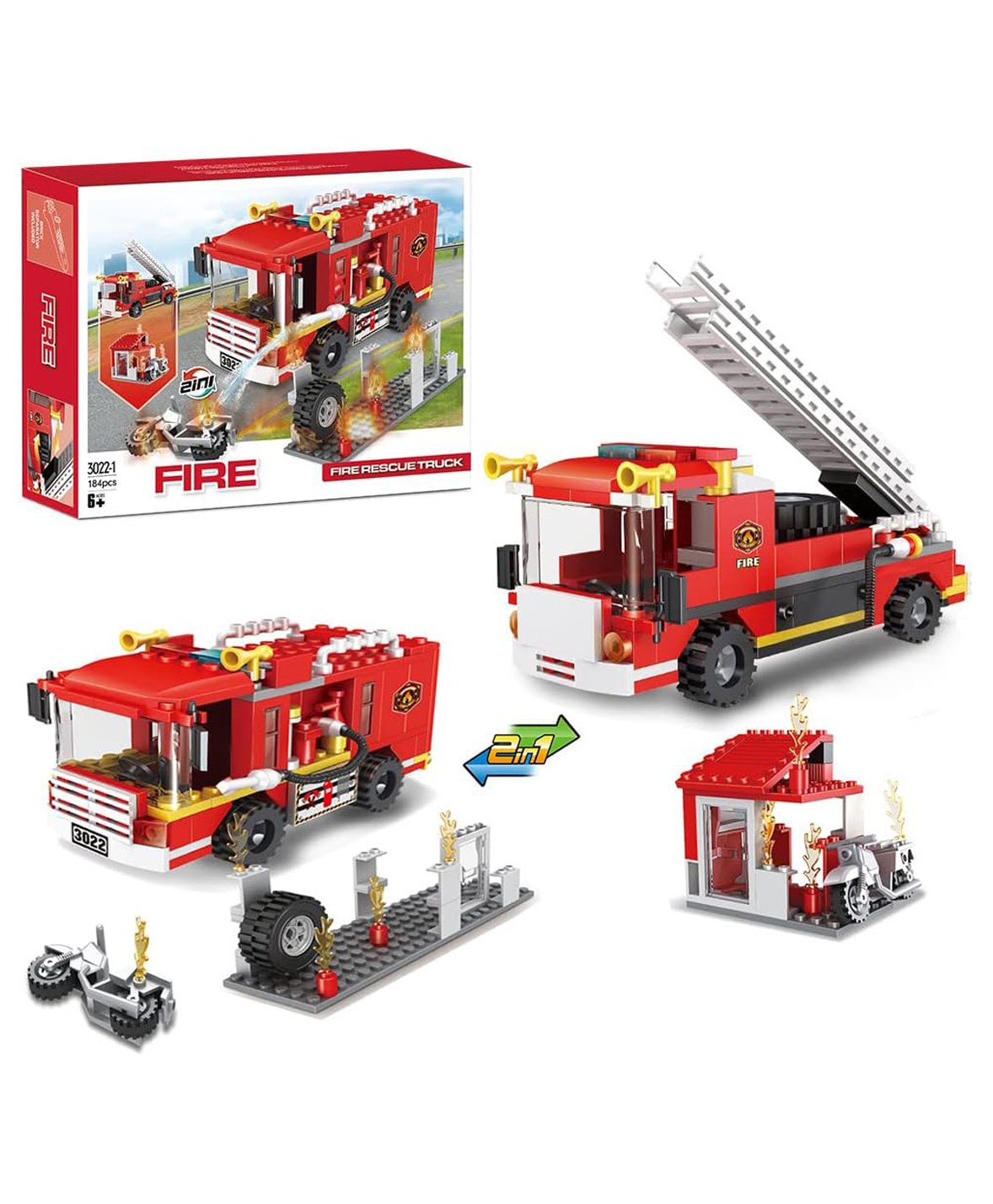 SVE 2 in 1 City Fire Truck Fire Station Building Blocks Fire Engine Vehicles Set Fire Fighter Building Kit Fire Rescue Toys Xmas Gifts Present Building Bricks for Kids (184pcs)-image-16