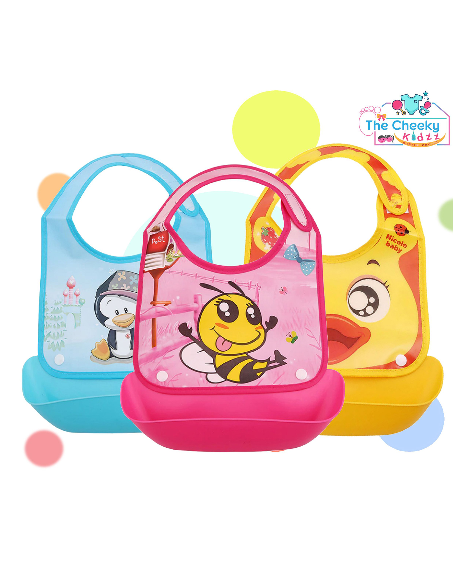 The Cheeky Kidzz Pack of 3 Baby Silicone Feeding Bib with Adjustable Velcro Strap Waterproof Stain proof Soft Material Bibs And Tray/Food Catcher (MULTI-COLORS)-picture-19
