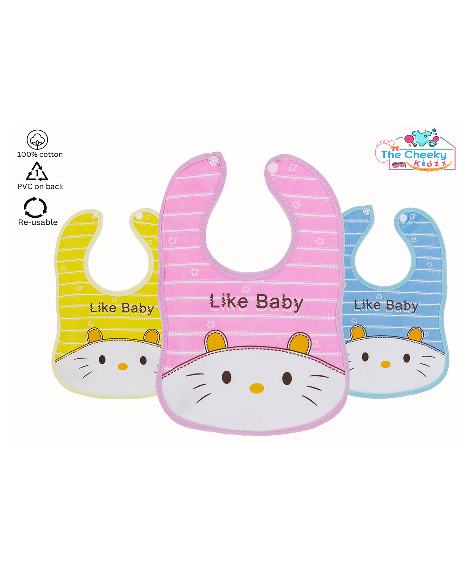 The Cheeky Kidzz Pack Of 3 Newborn Baby Cotton Bear Printed Feeding Snap Button Everyday Use Aprons Bibs (BABY PRINTS)-picture-11