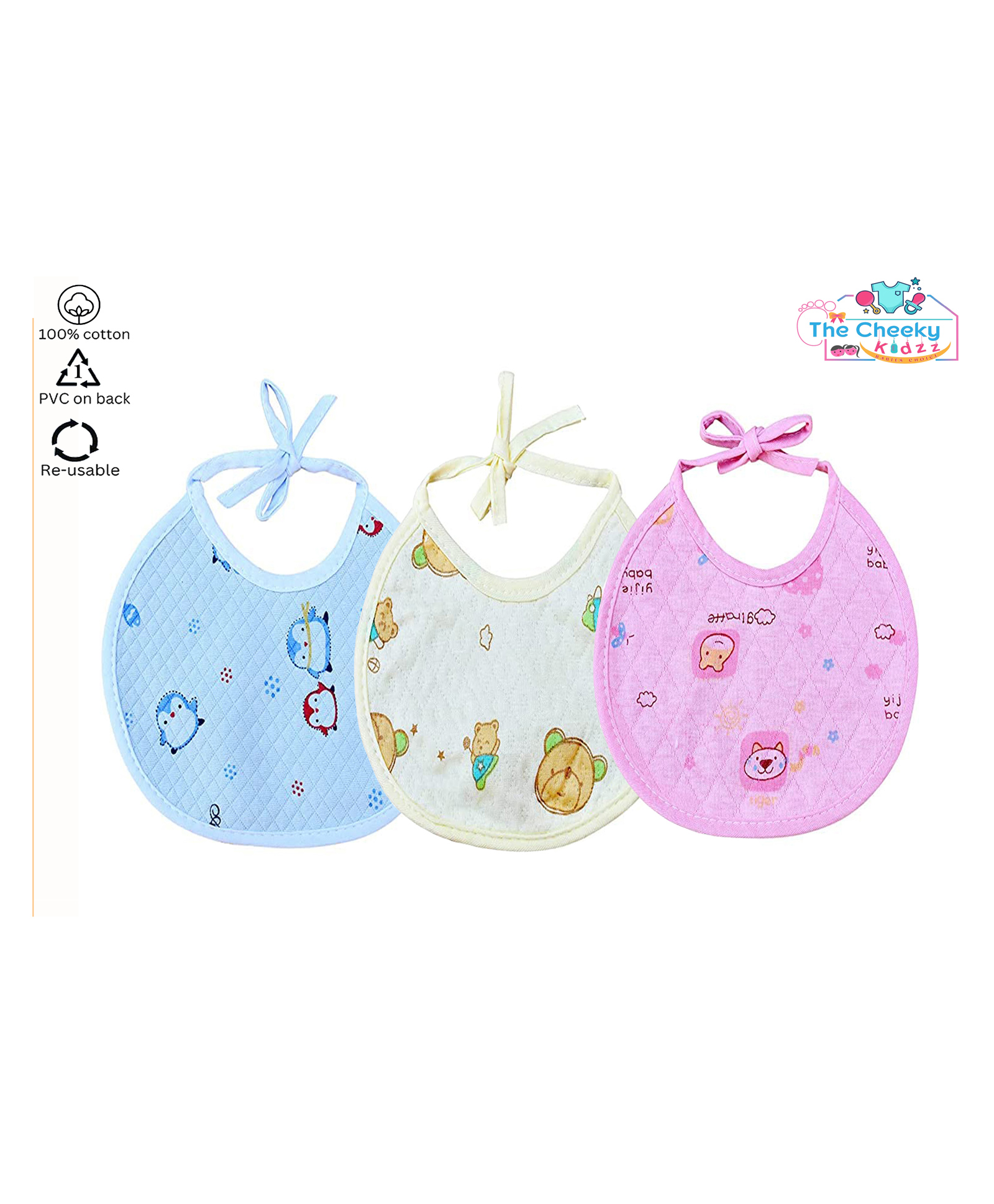 The Cheeky Kidzz Baby Pack Of 3 Premium Feeding Aprons Bibs Cute Attractive Designs Knot Set Everyday Use (MIXED COLORS; 0-12 MONTHS)-picture-32