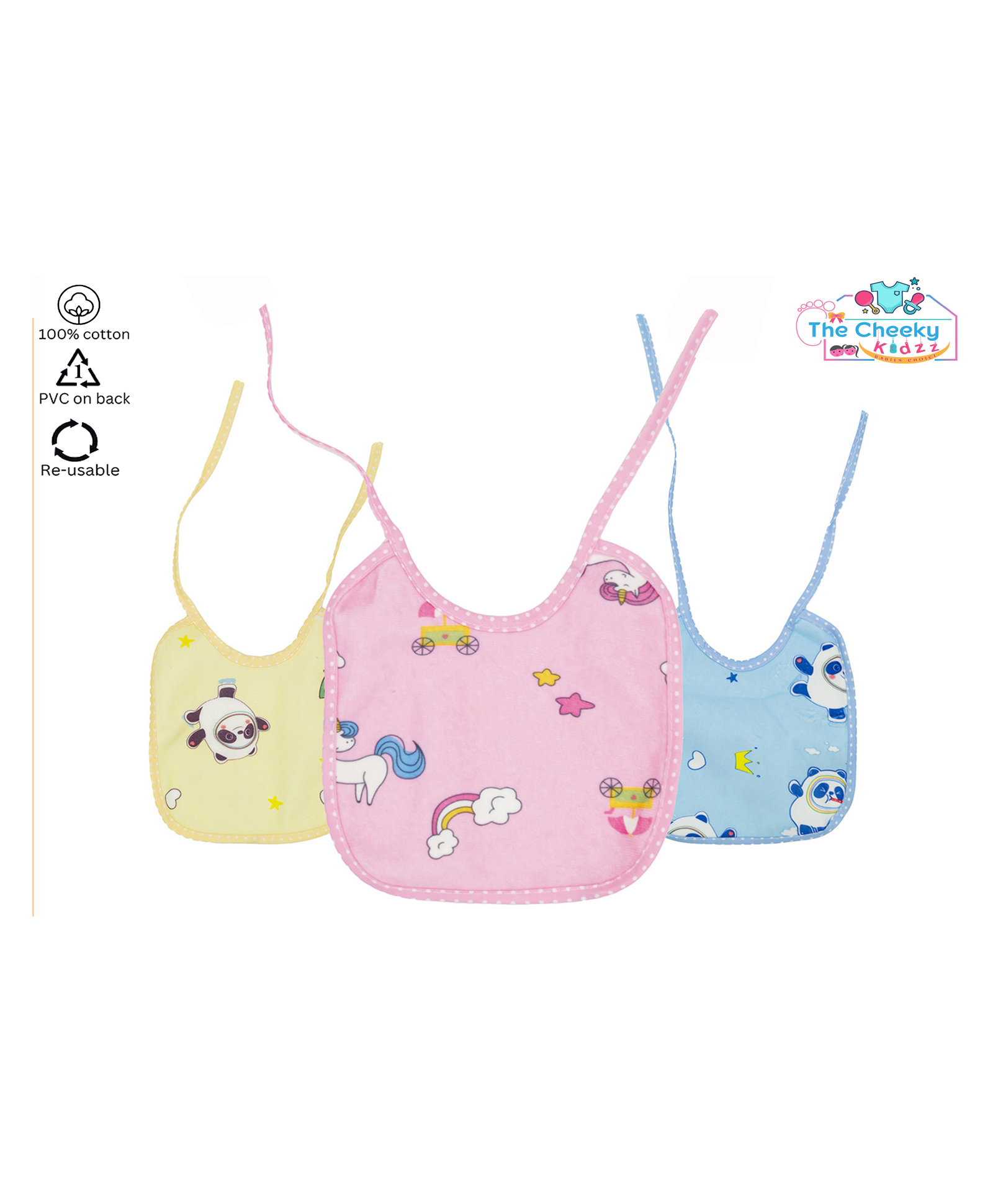 The Cheeky Kidzz Baby Pack Of 3 Premium Feeding Aprons Bibs Cute Attractive Designs Knot Set (MIXED COLORS; 0-6 MONTHS)-picture-34