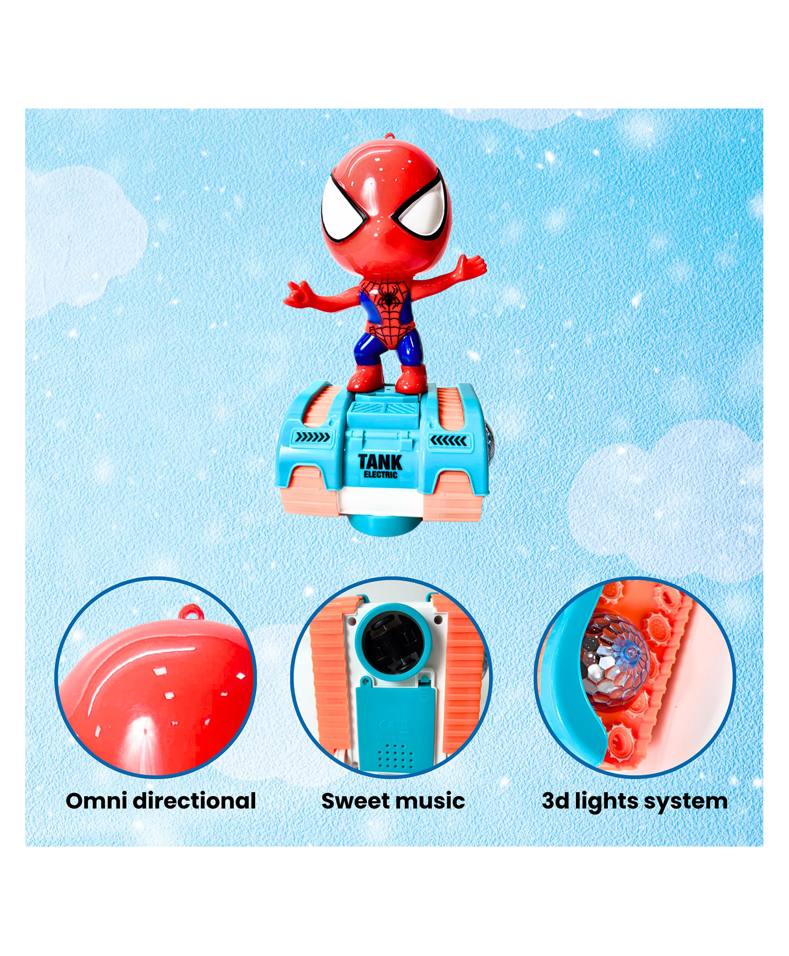 Planet of Toys Spiderman 360 Degree Rotation Tank Toy | B/O Tank with 3D Lights, Music & Omni-Directional Function | Engaging Spiderman Design-picture-35