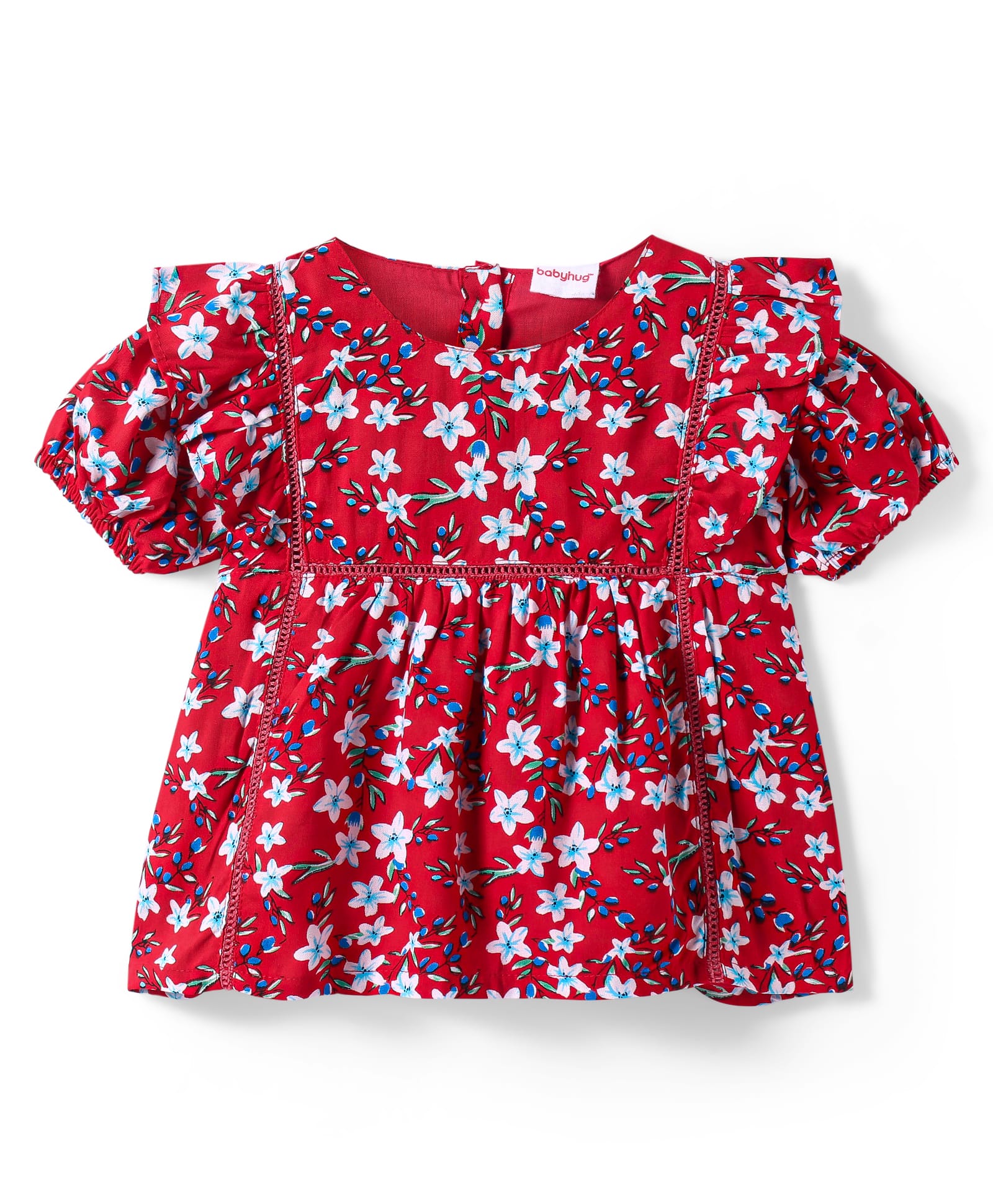 Babyhug Rayon Woven Half PuffedSleeves Top with Floral Print - Red-picture-28