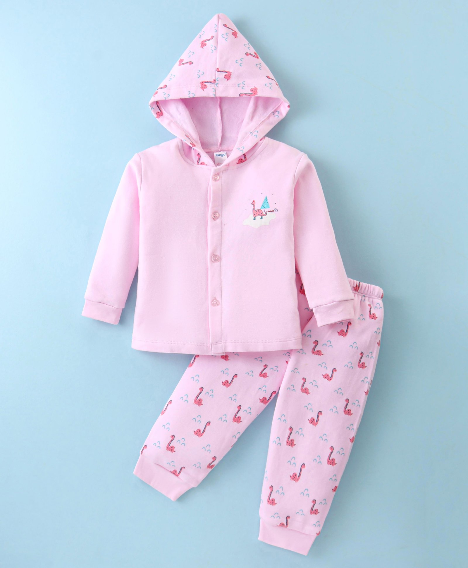 Tango Fleece Knit Full Sleeves Hooded Front Open Winter Wear Night Suit With Dinosaurs Print - Pink-image-17