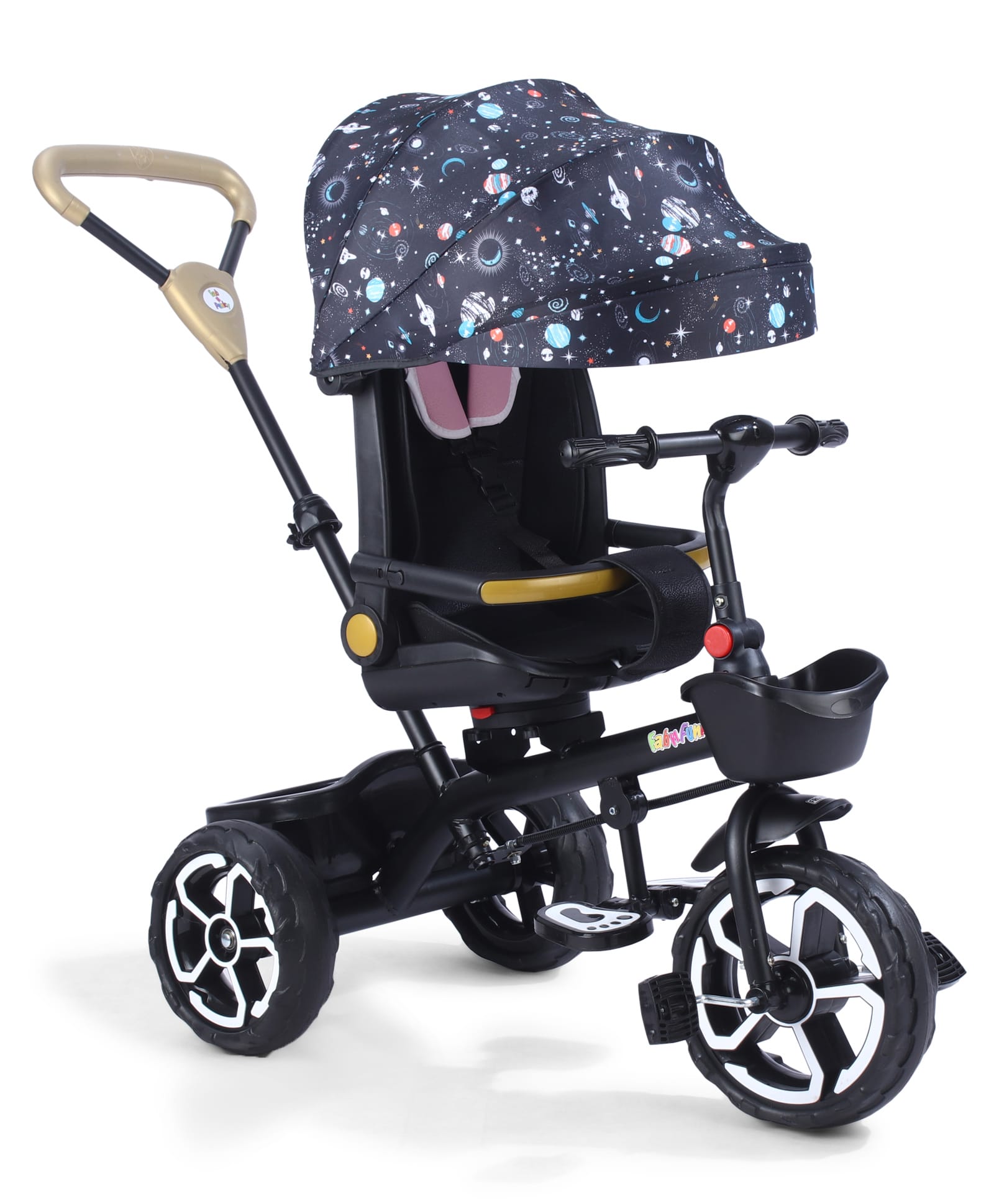 5 in 1 Baby Smart Tricycle with Parental Push Handle 180° Reversible Seat Canopy & Safety Guardrail - Black-image-11