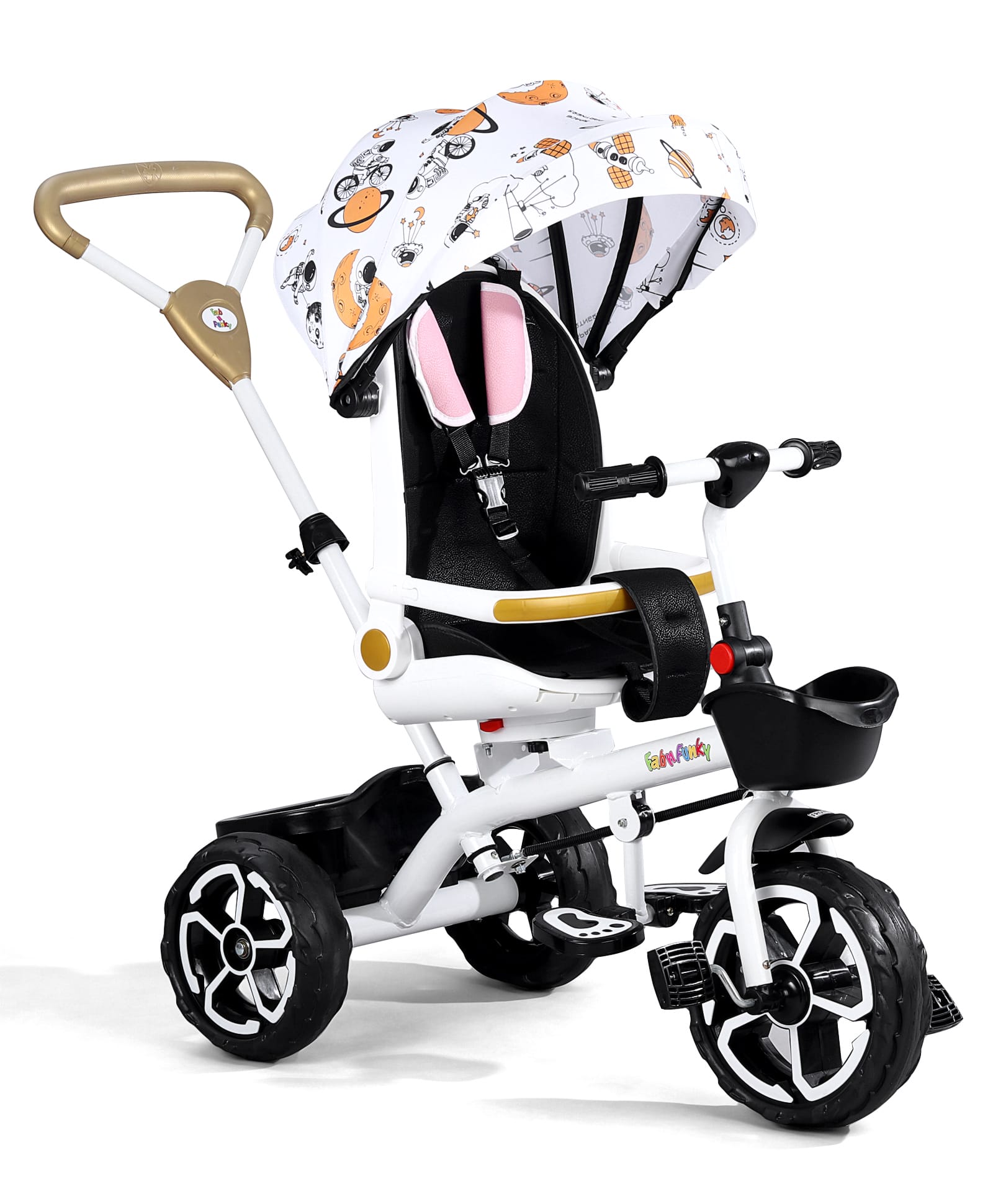 fab n funky 5 in 1 Baby Stroller Tricycle With Parental Push Handle , 180° Reversible Seat, Canopy & Safety Guardrail - White-picture-28