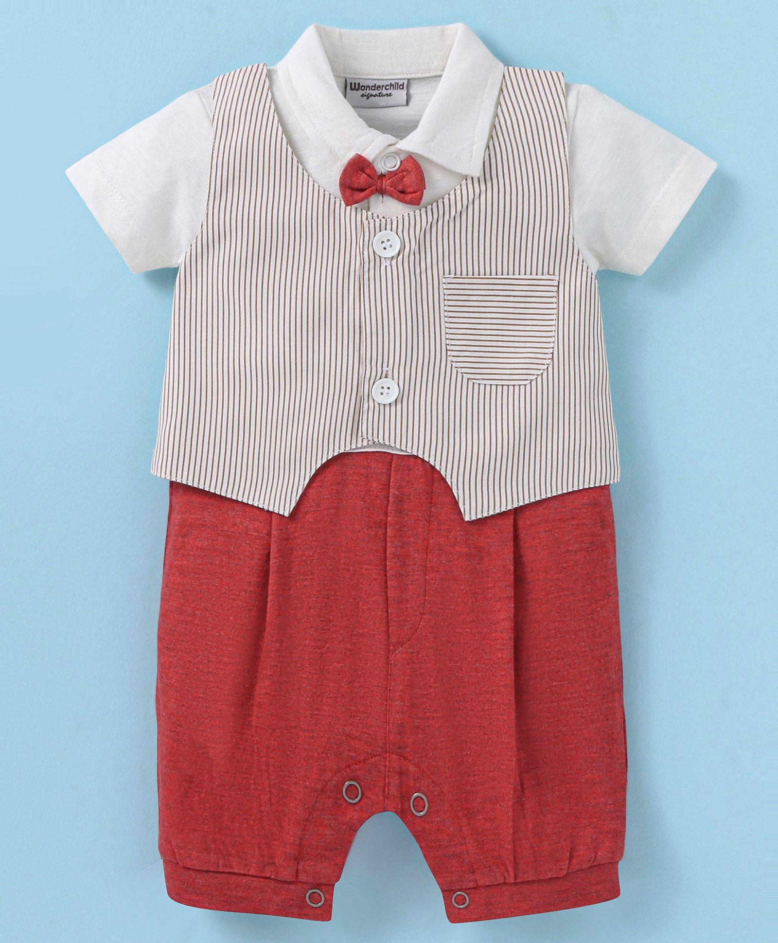 Wonderchild Half Sleeves Striped Romper With Bow - White & Rust Orange-image-17