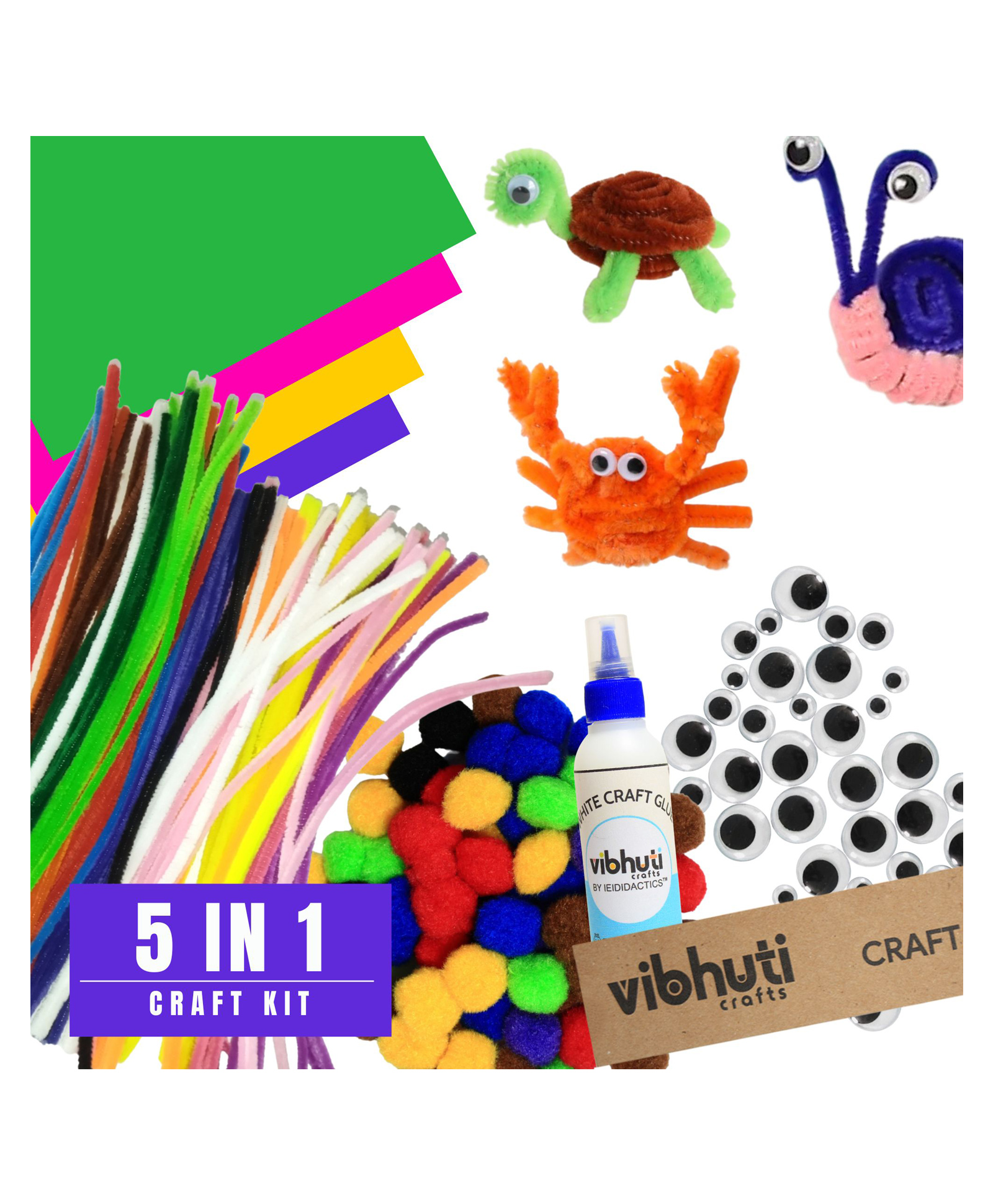 vibhuti crafts VibhutiCrafts 5-in-1 Craft BundlePipe Cleaner Craft Kit with Pom Poms, Googly Eyes, Craft Glue, and A5 Multicolor Cardstock | Art Supplies for Boys & Girls-picture-21