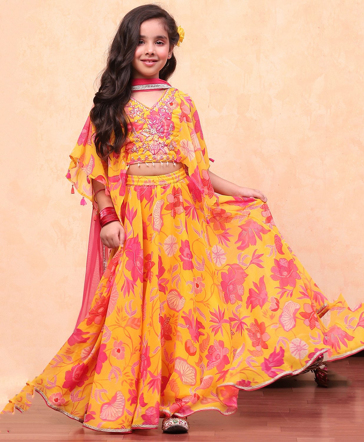 BIBA Half Sleeves Floral Printed & Sequin Embroidered Lehenga Choli Set - Yellow-picture-15