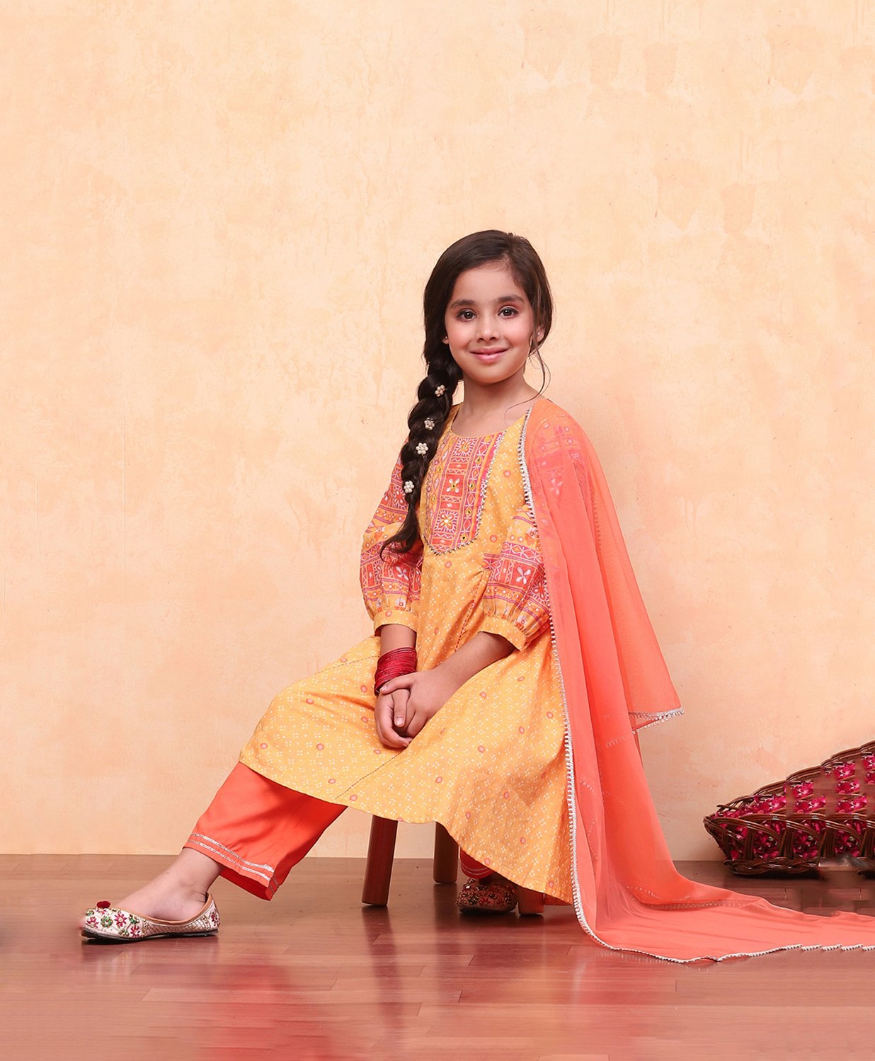BIBA Three Fourth Sleeves Floral & Bandhani Designed Kurta With Lace Embellished Salwar & Dupatta Set - Yellow-image-2