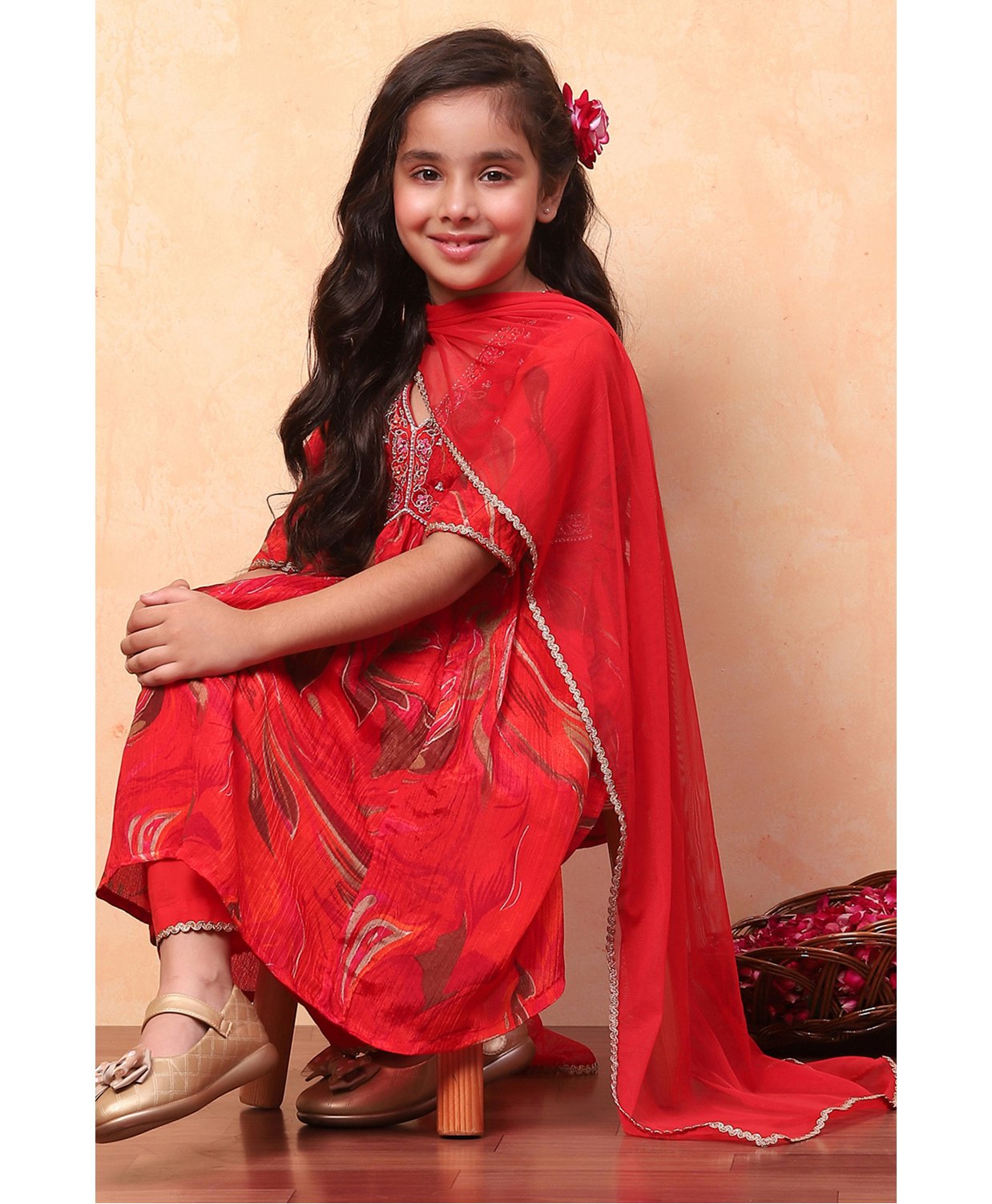 BIBA Half Sleeves Leaves Printed Floral Embroidered & Lace & Beads Embellished Kurta & Pant With Dupatta Set - Red-picture-21