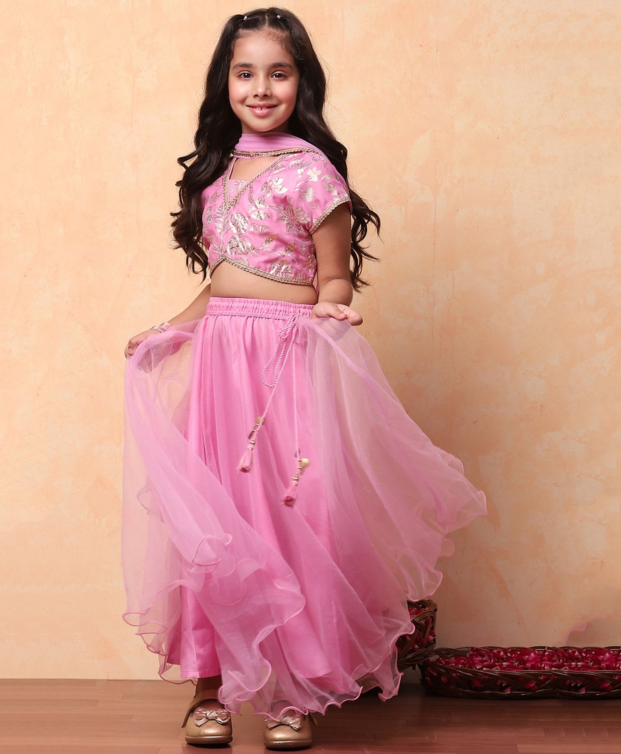 BIBA Half Sleeves Foil Printed & Lace Embellished Lehenga Choli Set - Pink-image-7
