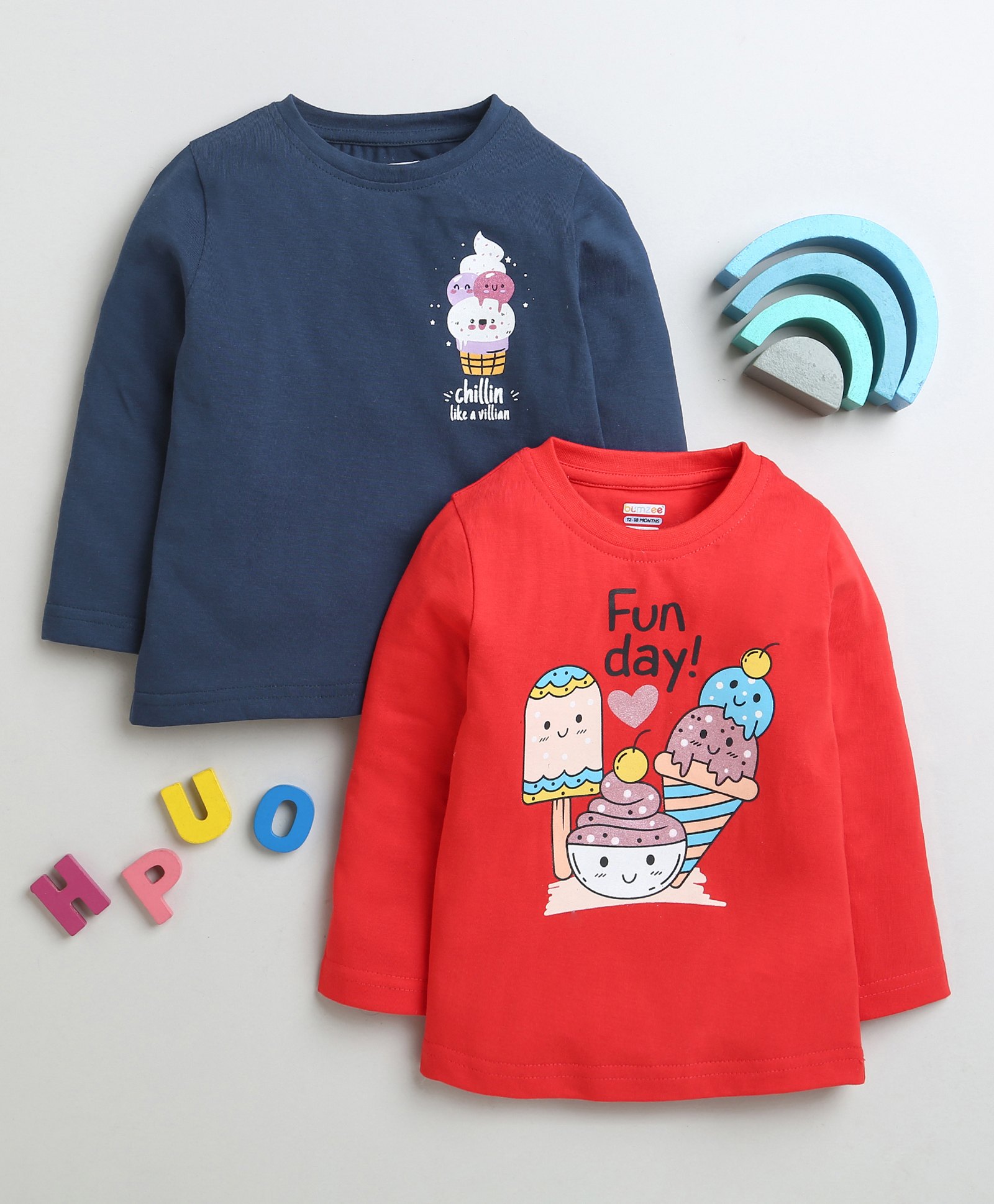 BUMZEE Cotton Pack Of 2Full Sleeves Ice Cream & Fun Day Text Printed Tees - Navy Blue & Red-picture-33