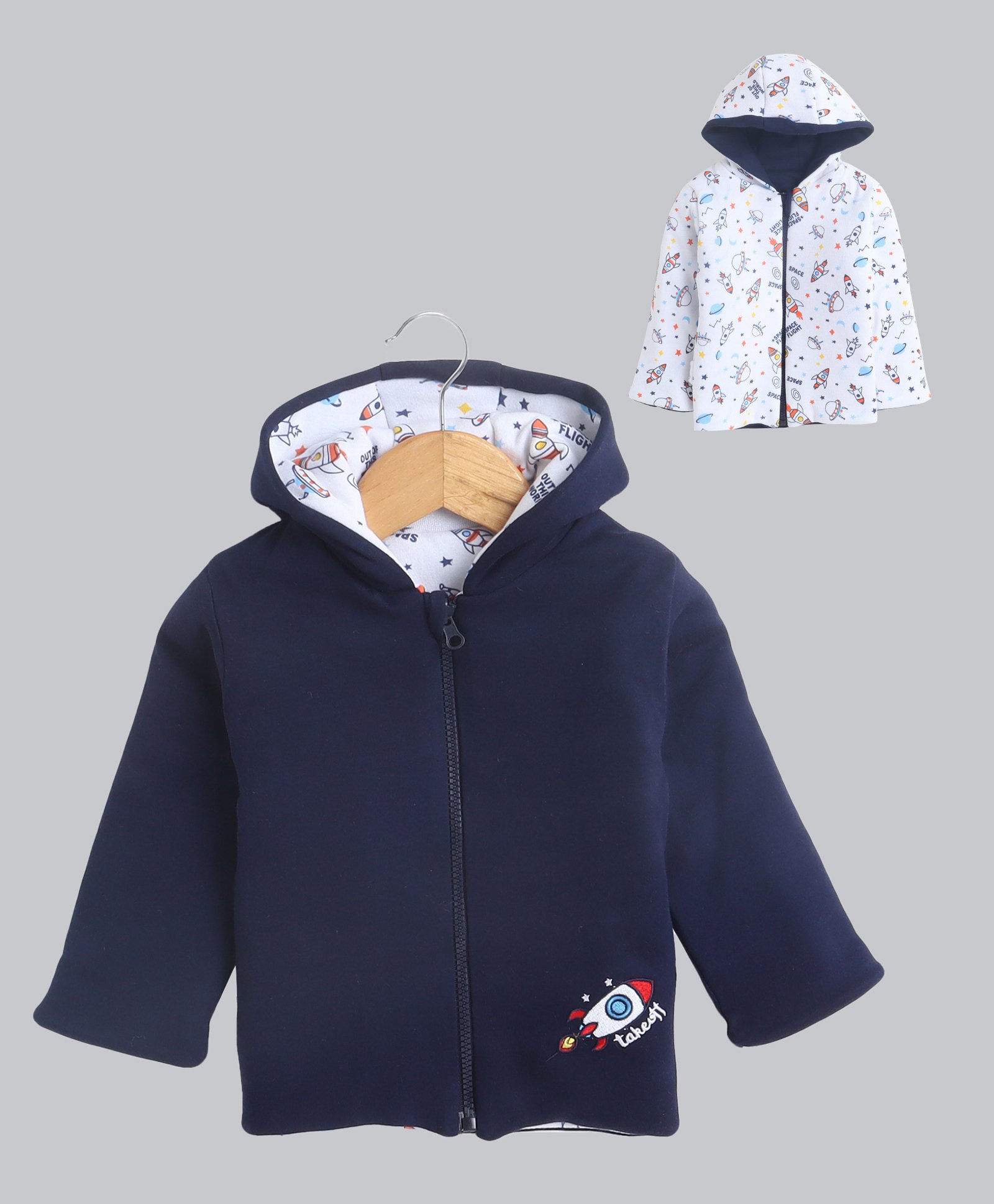 BUMZEE Cotton Full Sleeves Space Theme Printed & Embroidered Hooded Reversible Jacket - Navy Blue & White-picture-19