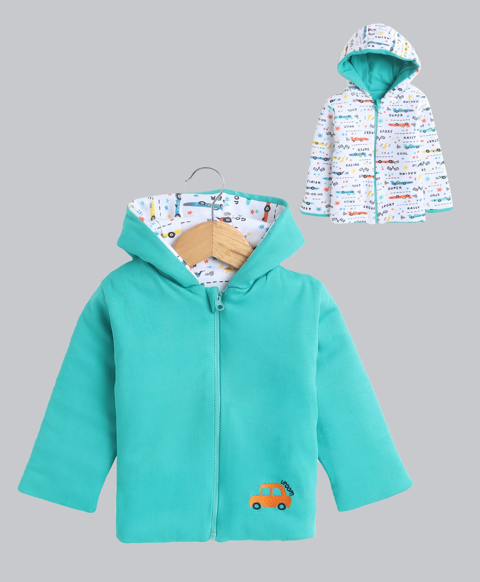 BUMZEE Cotton Full Sleeves Car Printed & Embroidered Hooded Reversible Jacket - Green & White-picture-31
