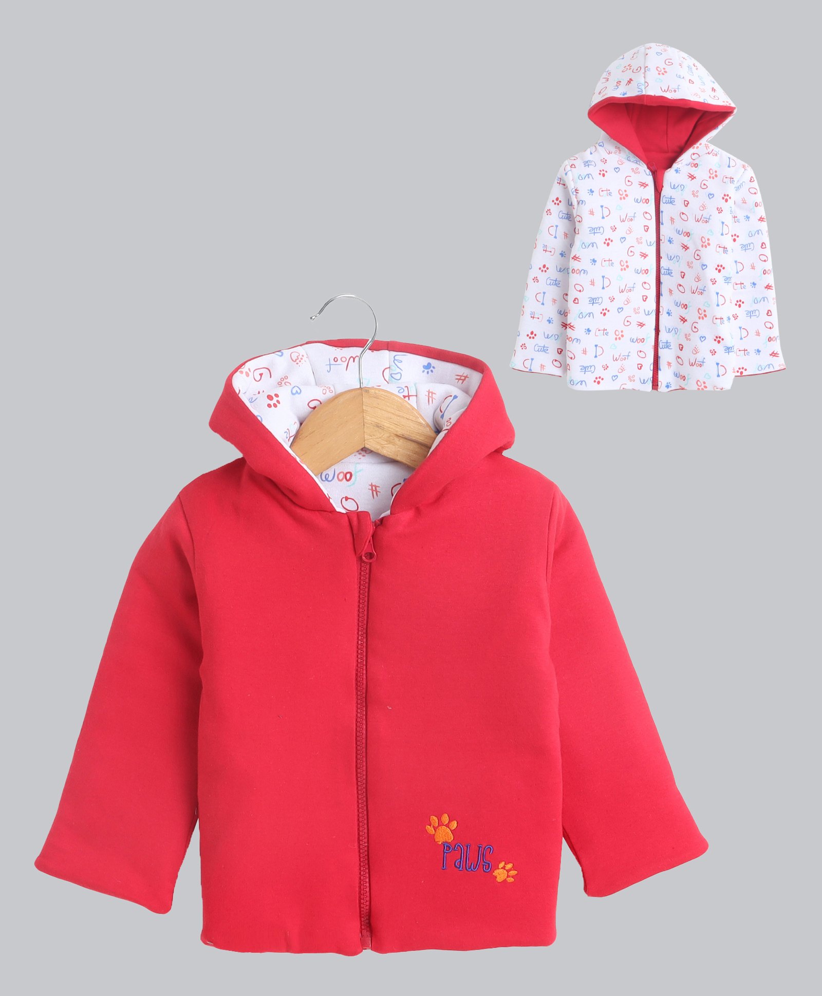 BUMZEE Cotton Full Sleeves Paws Text Embroidered Hooded Reversible Jacket - Red & White-image-42