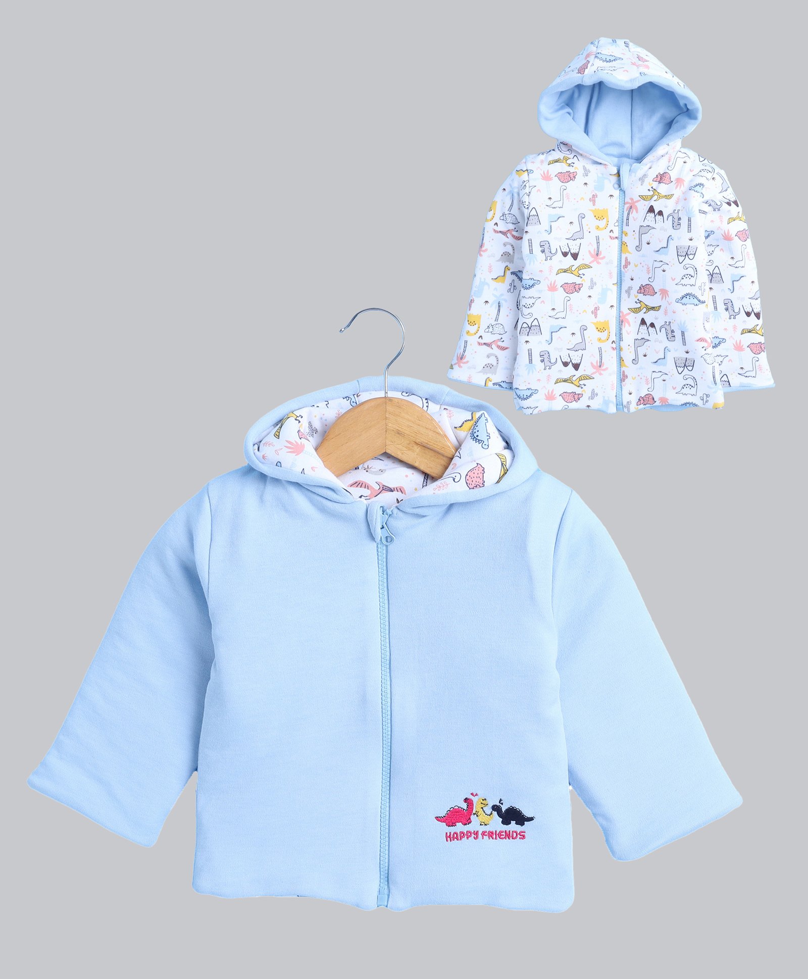BUMZEE Cotton Full Sleeves Dinosaur Printed & Happy Friends Text Embroidered Hooded Reversible Jacket - Sky Blue & White-picture-39