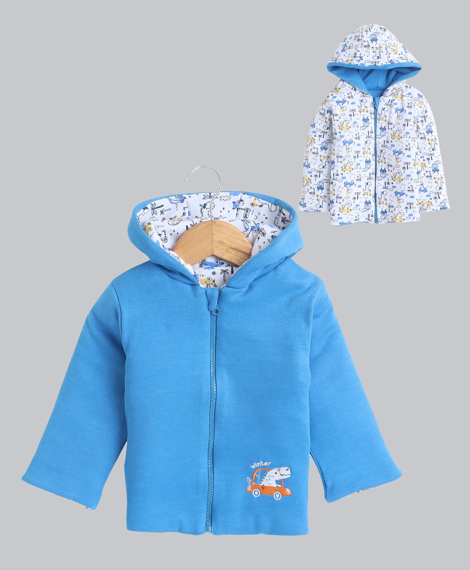 BUMZEE Cotton Full Sleeves Dinosaur Embroidered Hooded Reversible Jacket - Royal Blue & White-picture-37