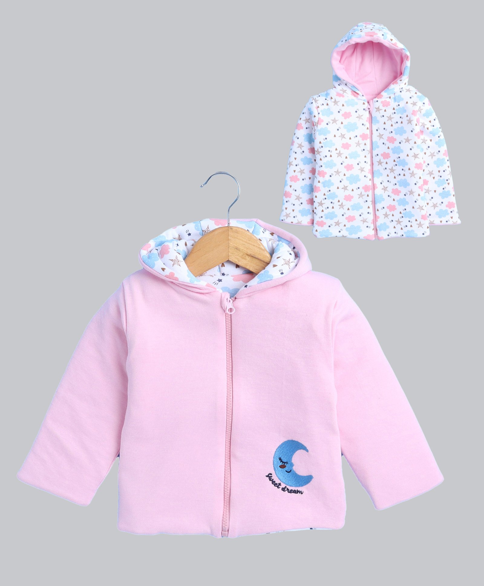 BUMZEE Cotton Full Sleeves Cloud Printed & Embroidered Hooded Reversible Jacket - Baby Pink & White-picture-28