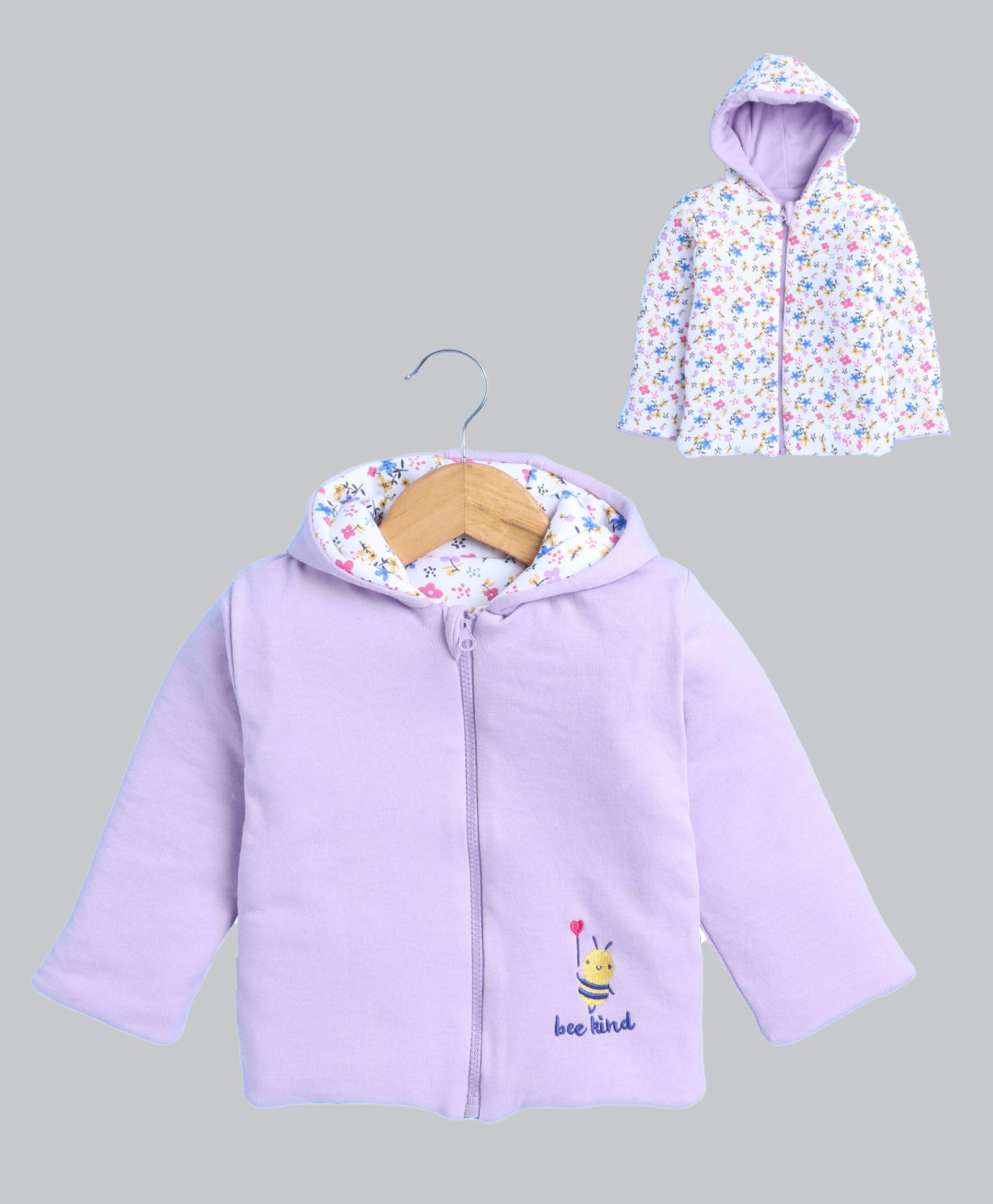 BUMZEE Cotton Full Sleeves Floral Printed & Embroidered Hooded Reversible Jacket - Lavender & White-image-42