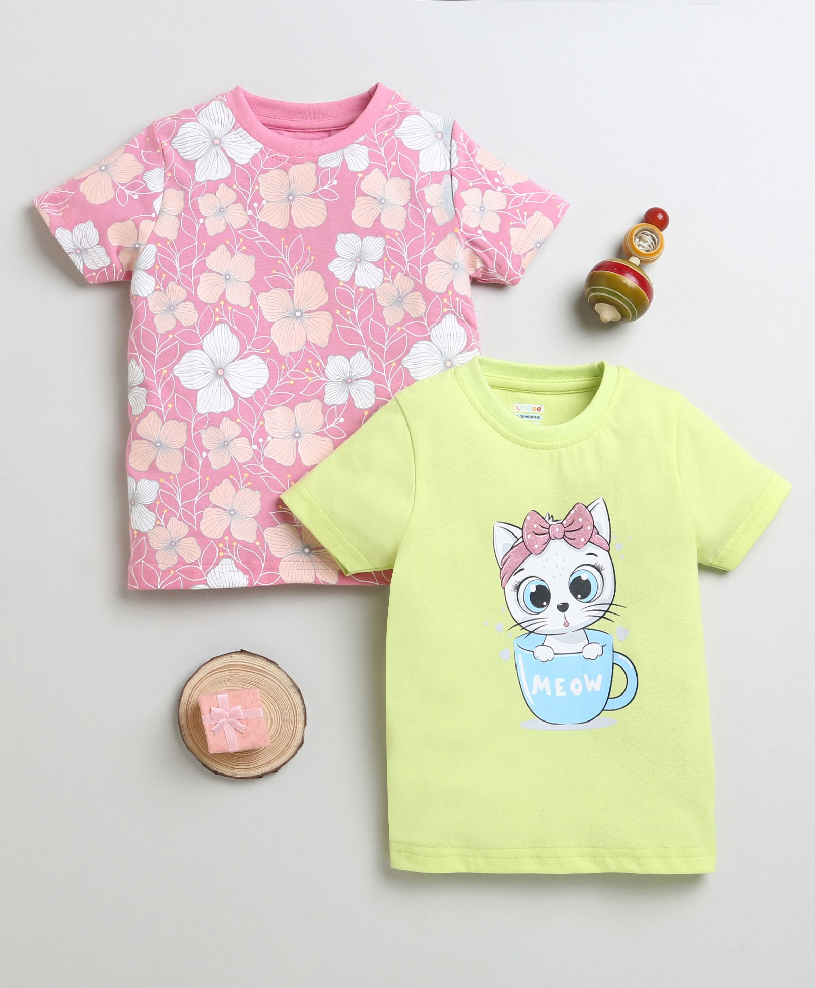 BUMZEE Cotton Pack Of 2 Half Sleeves Floral & Cat Printed Tees - Pink & Lime Green-picture-36