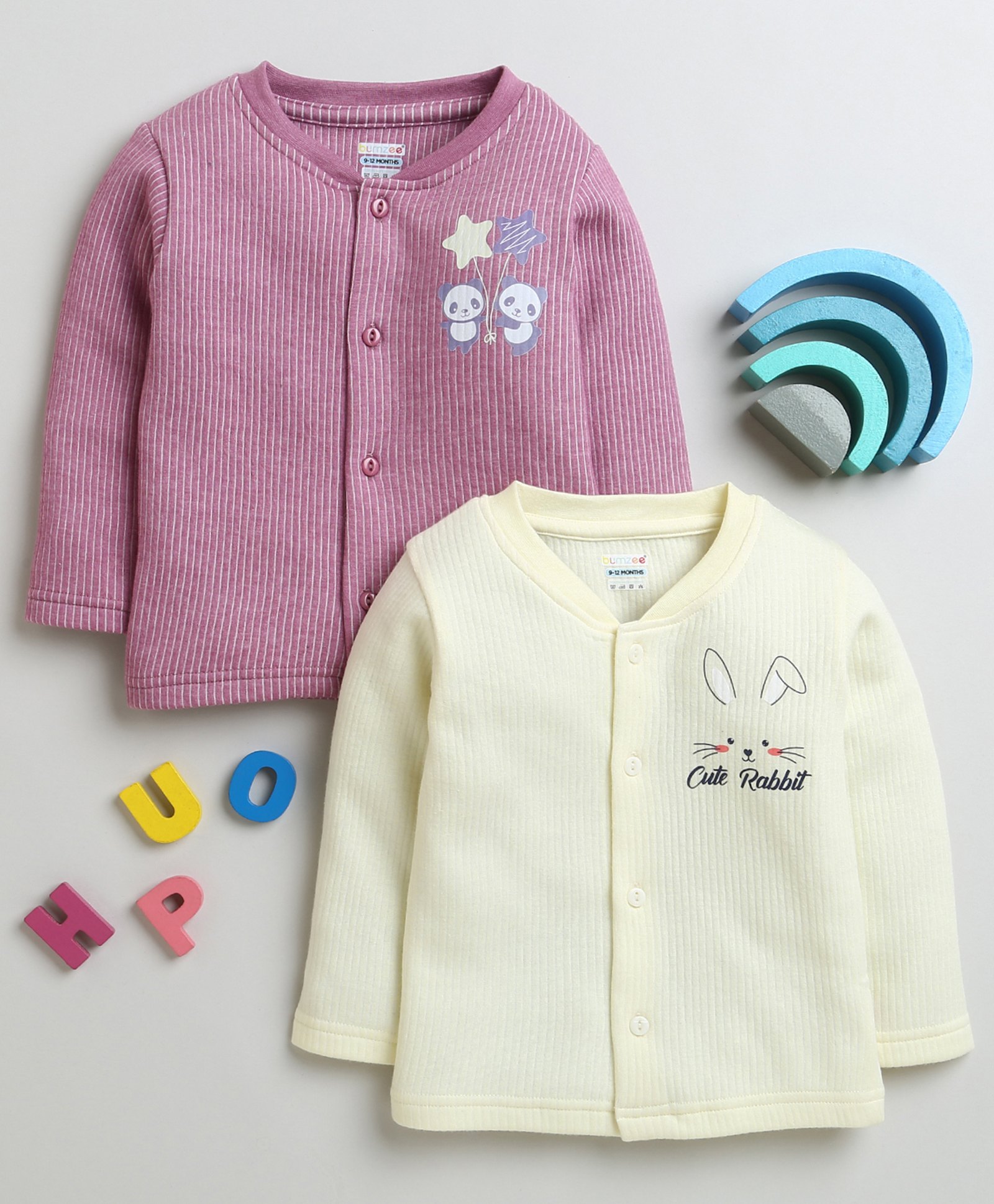 BUMZEE Pack Of 2 Full Sleeves Panda & Rabbit Printed Tees - Yellow & Mauve-picture-22