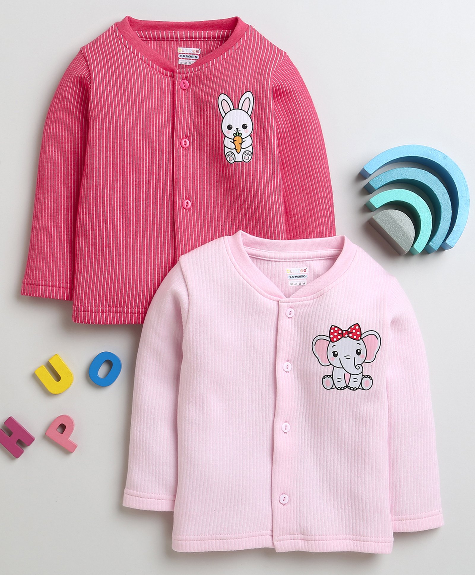 BUMZEE Pack Of 2 Full Sleeves Elephant & Rabbit Printed Tees - Pink & Dark Pink-picture-40