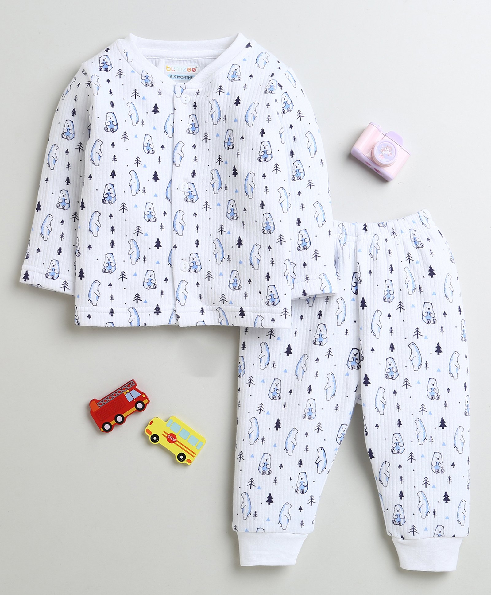 BUMZEE Full Sleeves Polar Bear Printed Coordinating Tee With Fleece Joggers Set - White-image-26