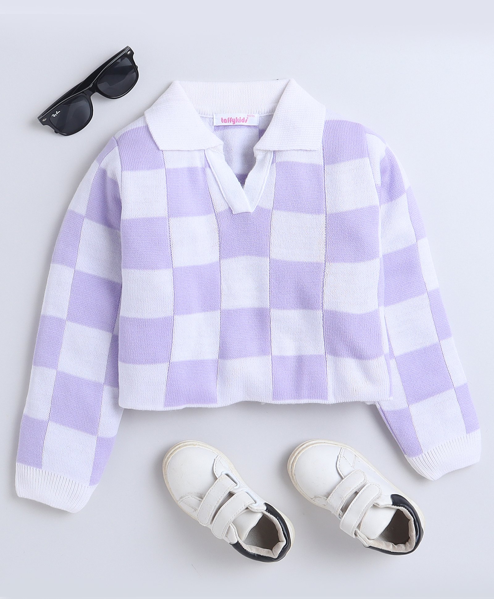 Taffykids Full Sleeves Checked Polo Crop Sweater - Lilac & White-image-37
