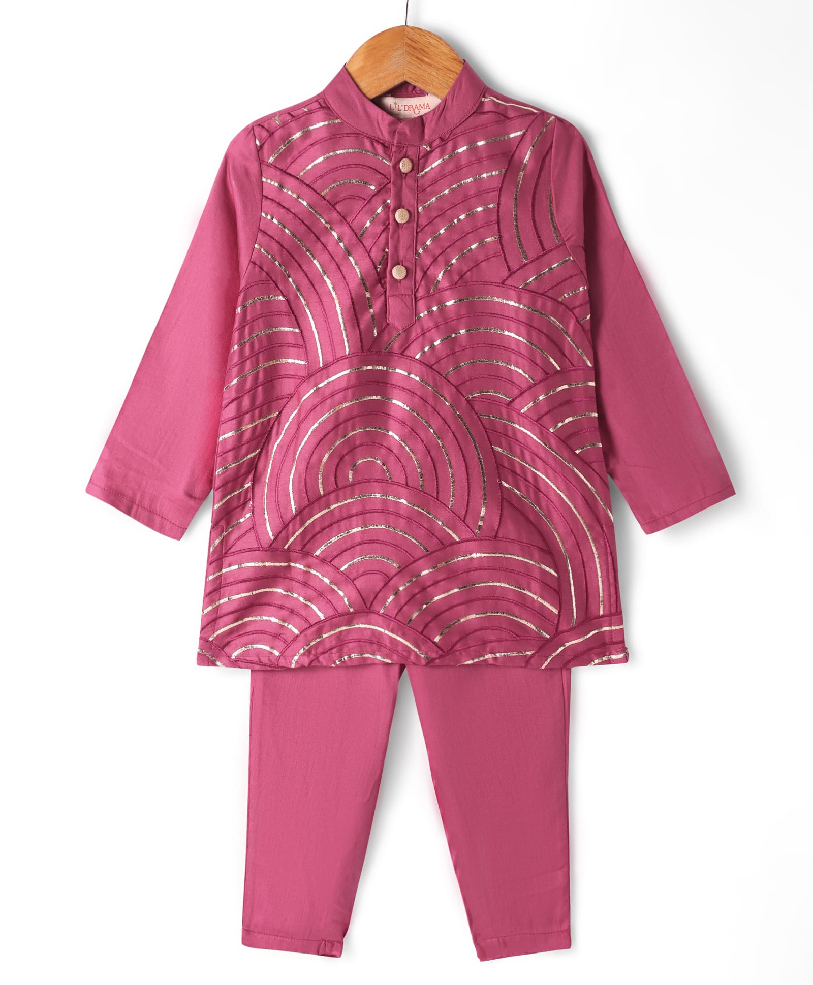 Lil' Drama Cotton Full Sleeves Abstract Embroidered Kurta Pyjama Set - Wine-picture-11